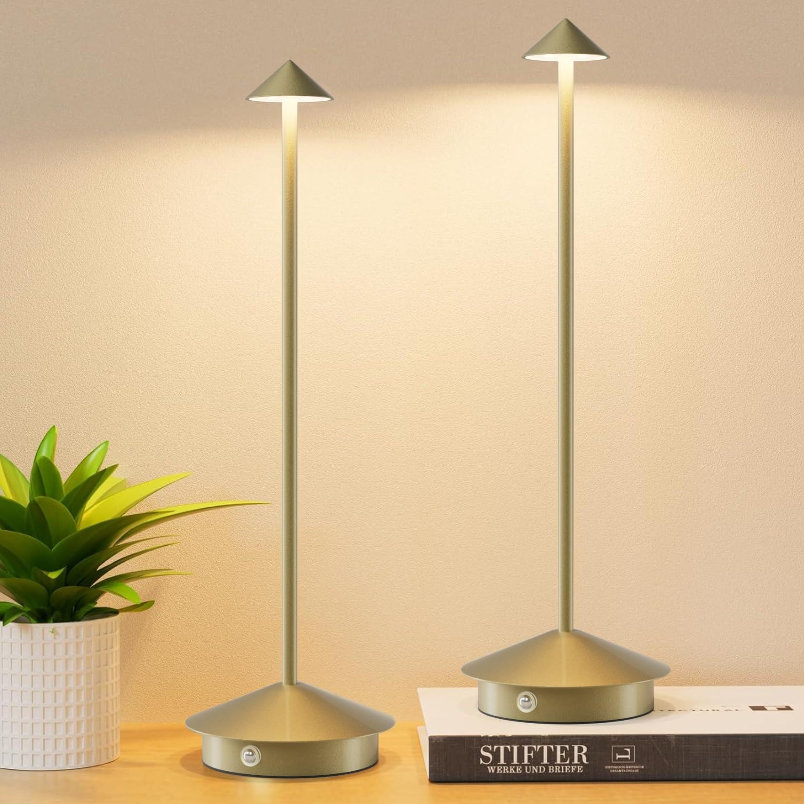 Aoceley 2-Pack 6000mAh Rechargeable Led Table Lamp Cordless 3000K-6000K Stepless Dimming Touch Lamps with Memory Function IP54 Waterproof Aluminum Table Light for Outdoor/Bars/Restaurant/Patio(Gold)