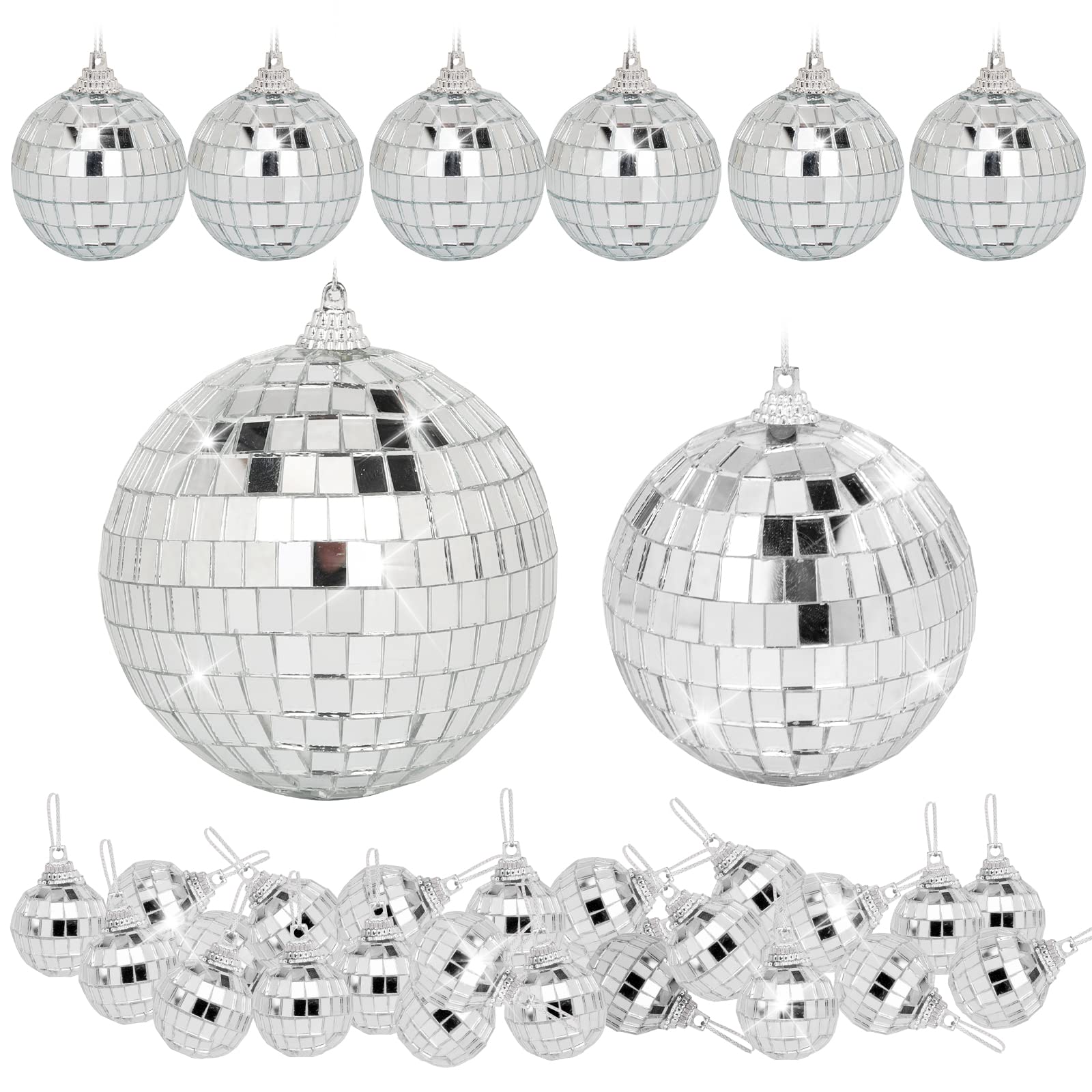 Mini Mirror Disco Ball Decor: 32 Pack Hanging Mirror Ball Ornaments Different Sizes - Small Disco Balls Decorations Bulk For Party Christmas Tree Cake Room Birthday (Silver)