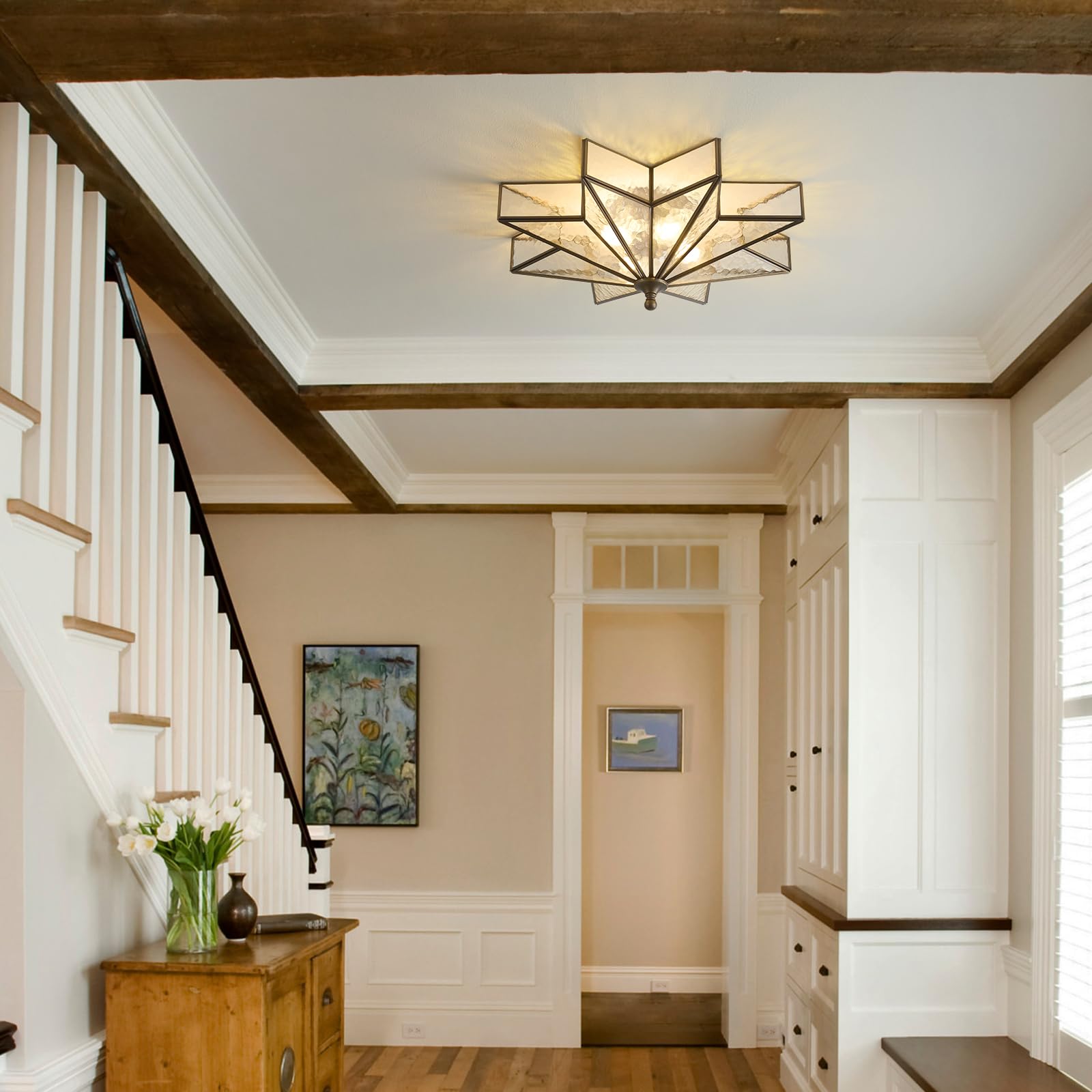 Black Bronze Star Ceiling Light - 19.5 Inch Brass Hammered Glass Large Flush Mount Fixture - Unique Art Deco Mid Century Vintage Moravian Lighting Lights For Bedroom Dining Foyer Living Room Fixtures