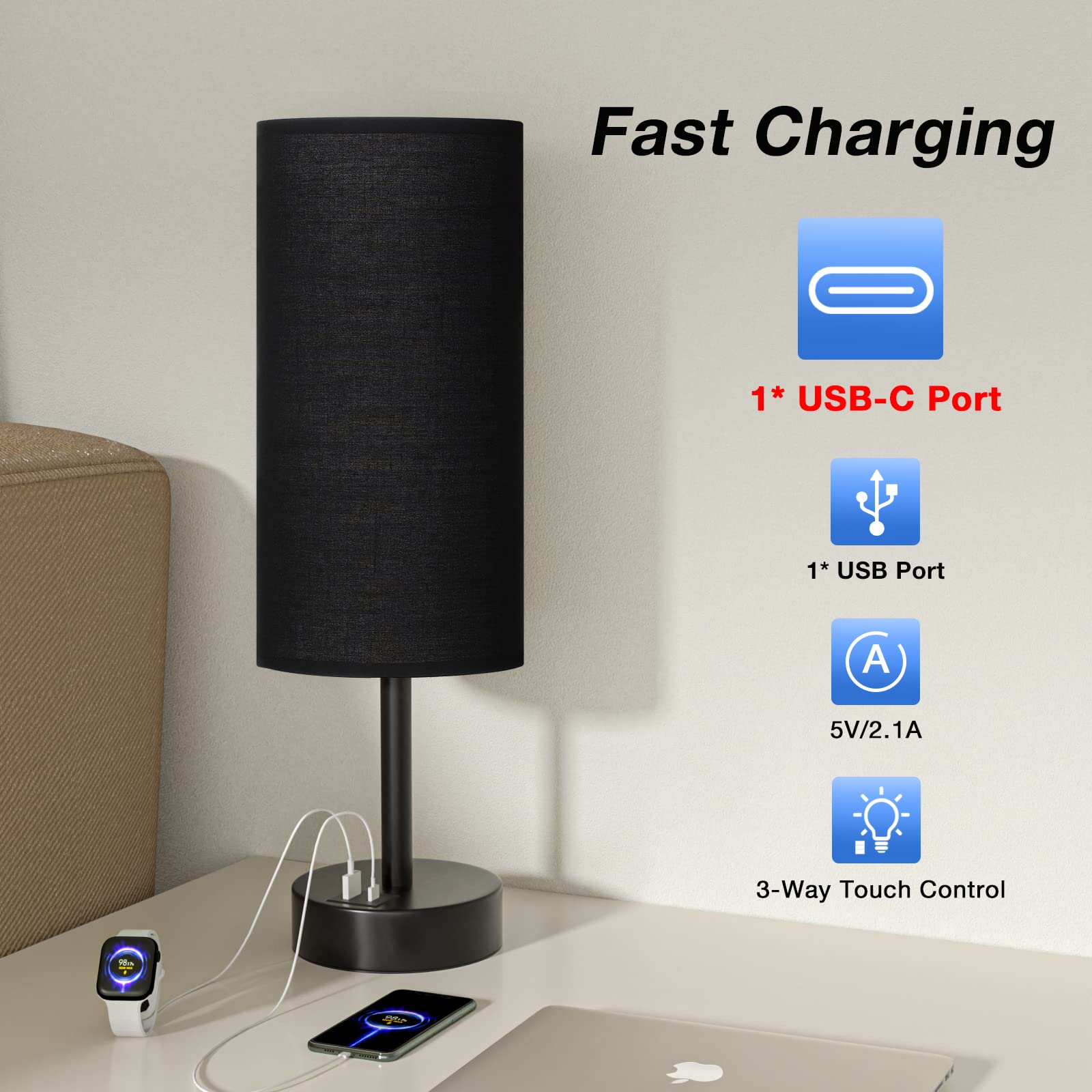 Black Touch Nightstand Lamps For Girl - Small Bedside Lamp With Usb-C And Usb Charging Ports, 3 Way Dimmable Control Table Lamp