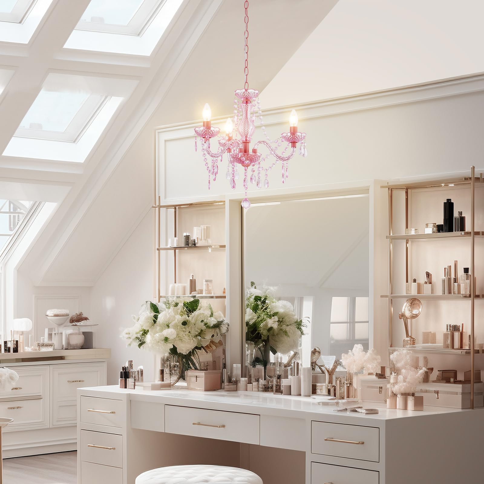 Luvkczc Crystal Chandelier, 3-Light Modern K9 Pendant Lighting, Small Size, Pink Acrylic, Model 0294