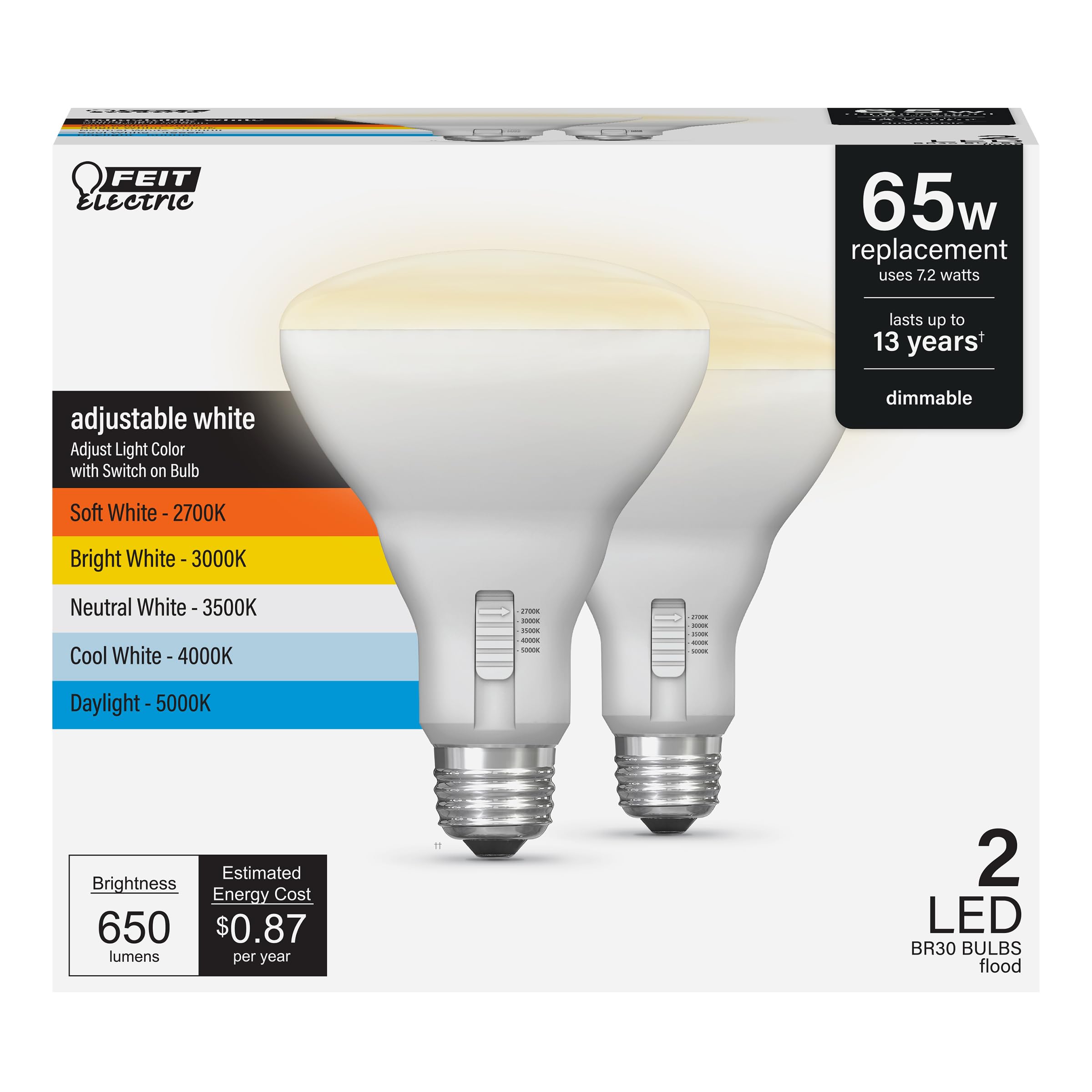 Feit Electric Br30 Led Light Bulb, 65W Equivalent, Dimmable, 5Cct, E26 Medium Base, 90 Cri, 650 Lumens, Adjustable White, 13 Yea