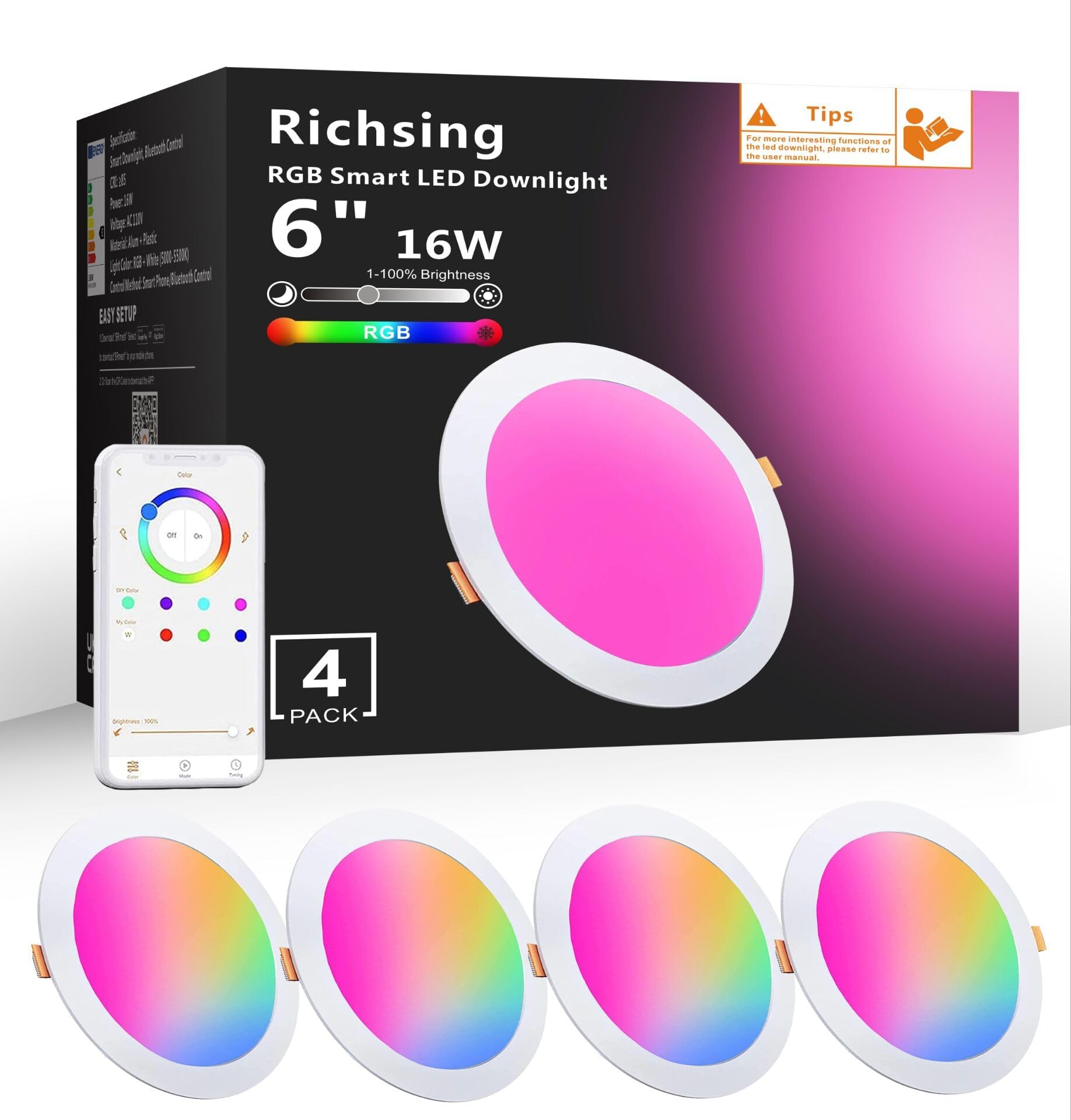RICHSING 6" RGBW Smart Recessed Lighting - 16W LED, Dimmable, Aluminum, 4 Pack, Compatible with Alexa and Bluetooth