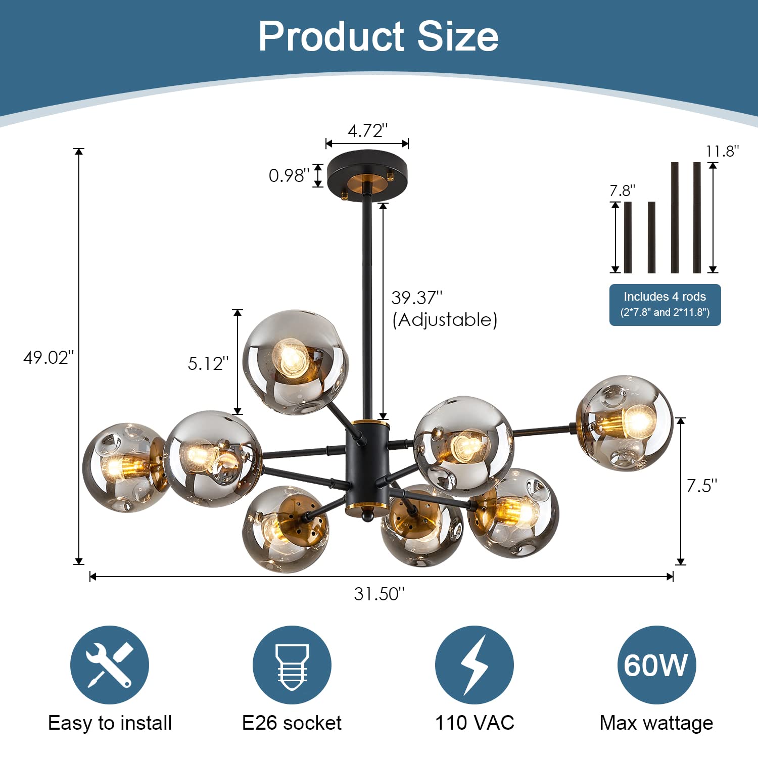 DDLLDESHI 8-Light Sputnik Chandelier, Black & Gold Metal Pendant Light for Dining Room, Kitchen, Living Room, Model DDLL02-8H