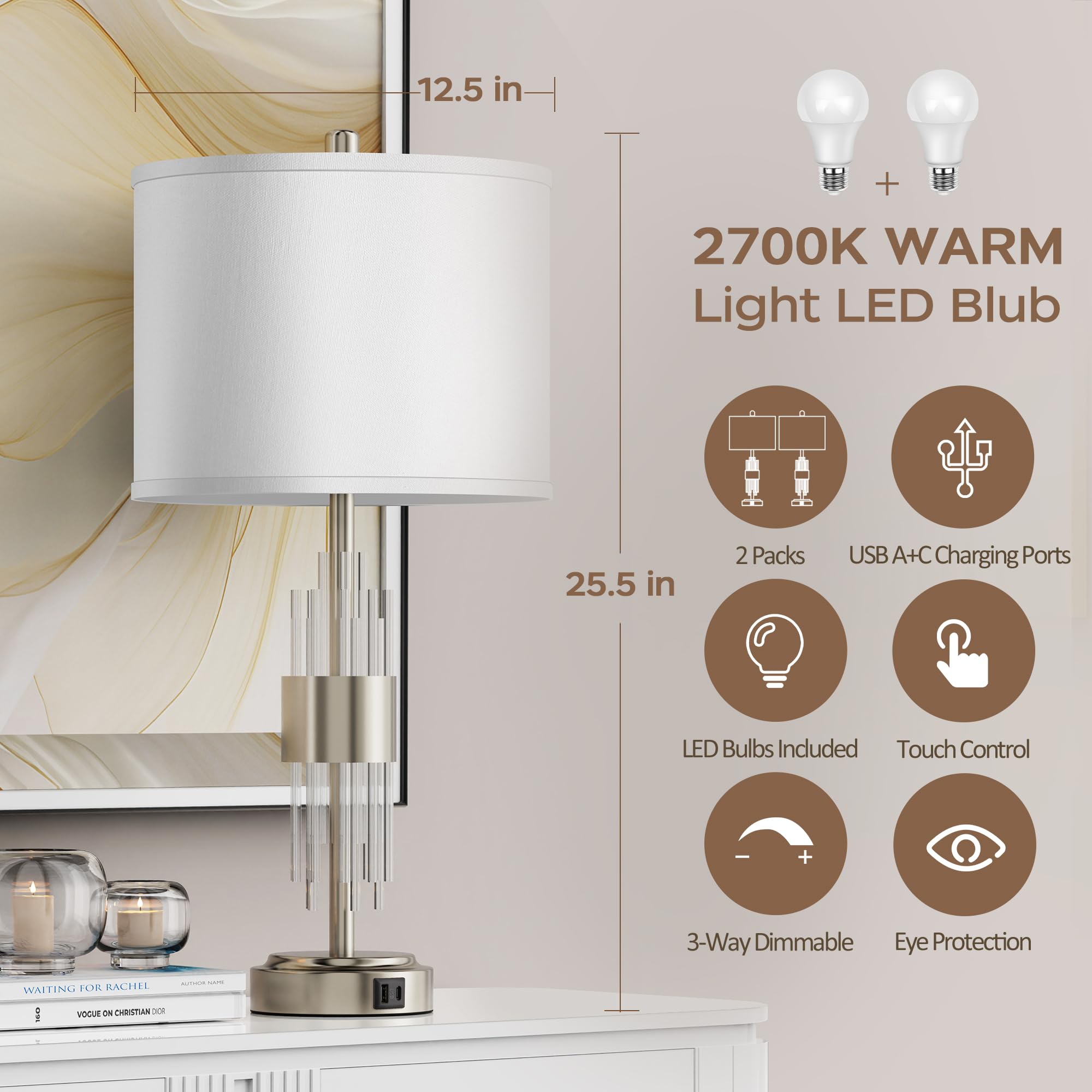 Qimh Table Lamp For Living Room,Bedside Lamp For Bedrooms Set Of 2 With Usb A+C Ports,3-Way Dimmable Touch Control,Modern Nights