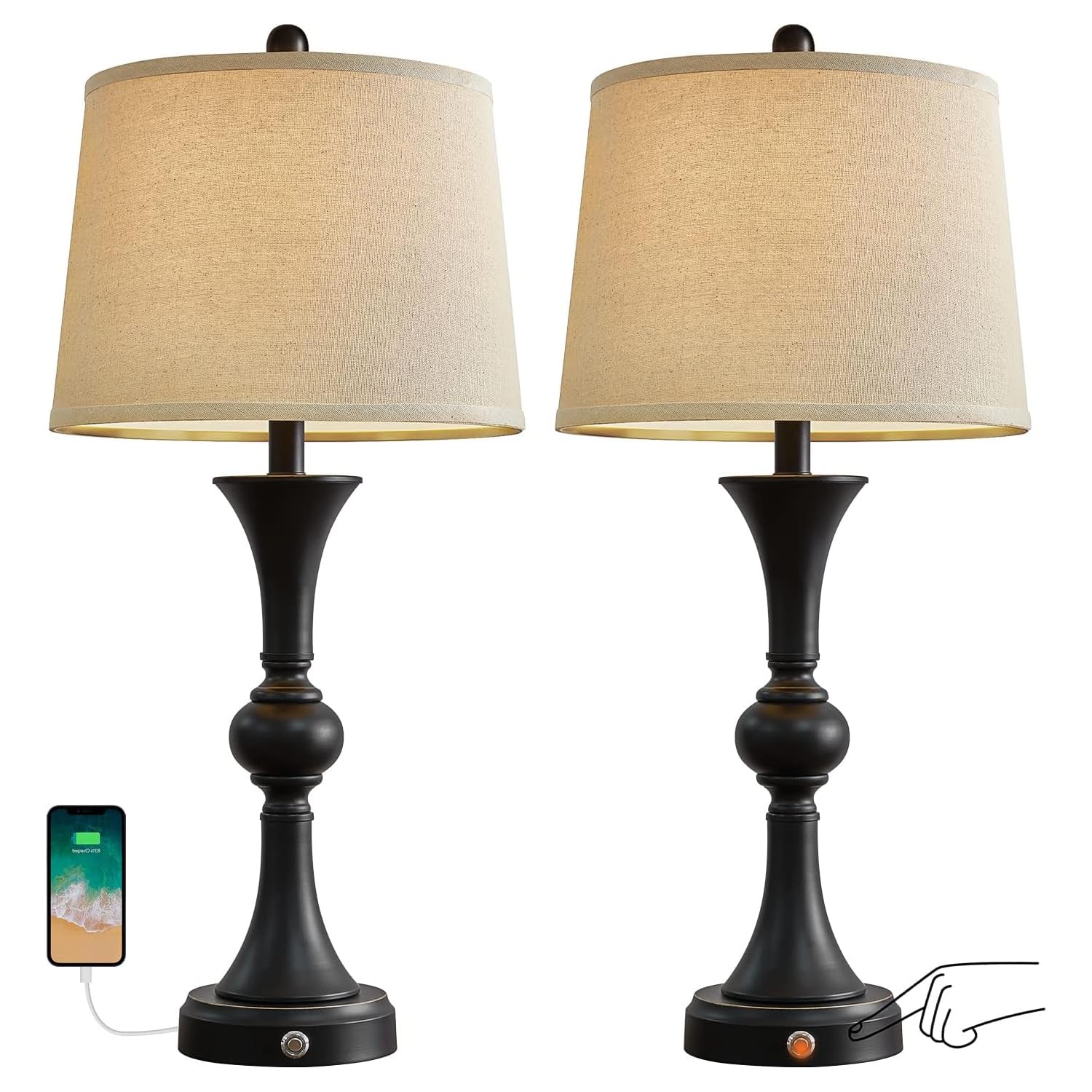 Oneach 28'' Table Lamps For Living Room Set Of 2, Bedside Lamps With 3 Way Dimmable Touch Lamps For Nightstand Bedroom Farmhouse
