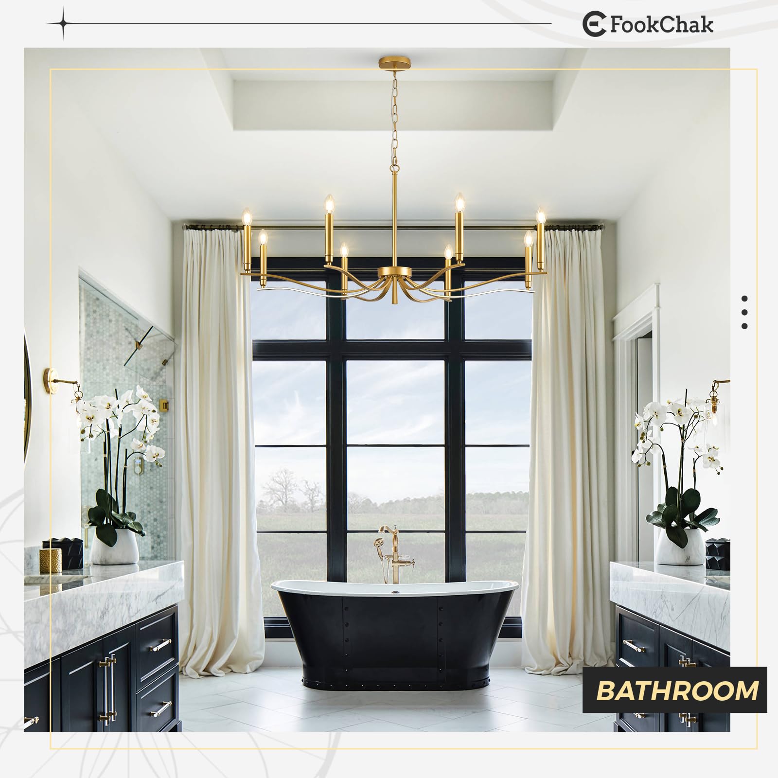 FookChak 8-Light Gold Brass Chandelier - Modern Metal Lighting Fixture for Dining Room, Entry Foyer, Living Room, 44in Model 40