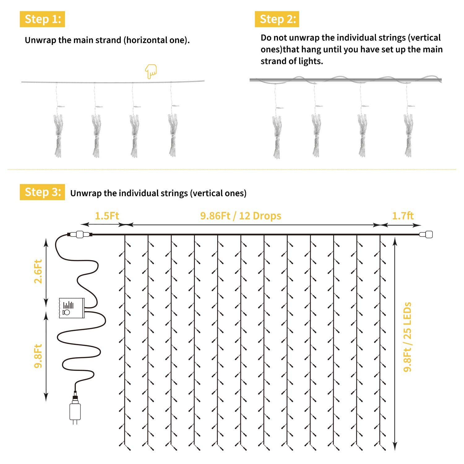 Brightown Curtain Lights 9.8X9.8 Feet 300 LED 11 Lighting Modes with Remote Control 2 Colors Hanging String Fairy Lights for Wal