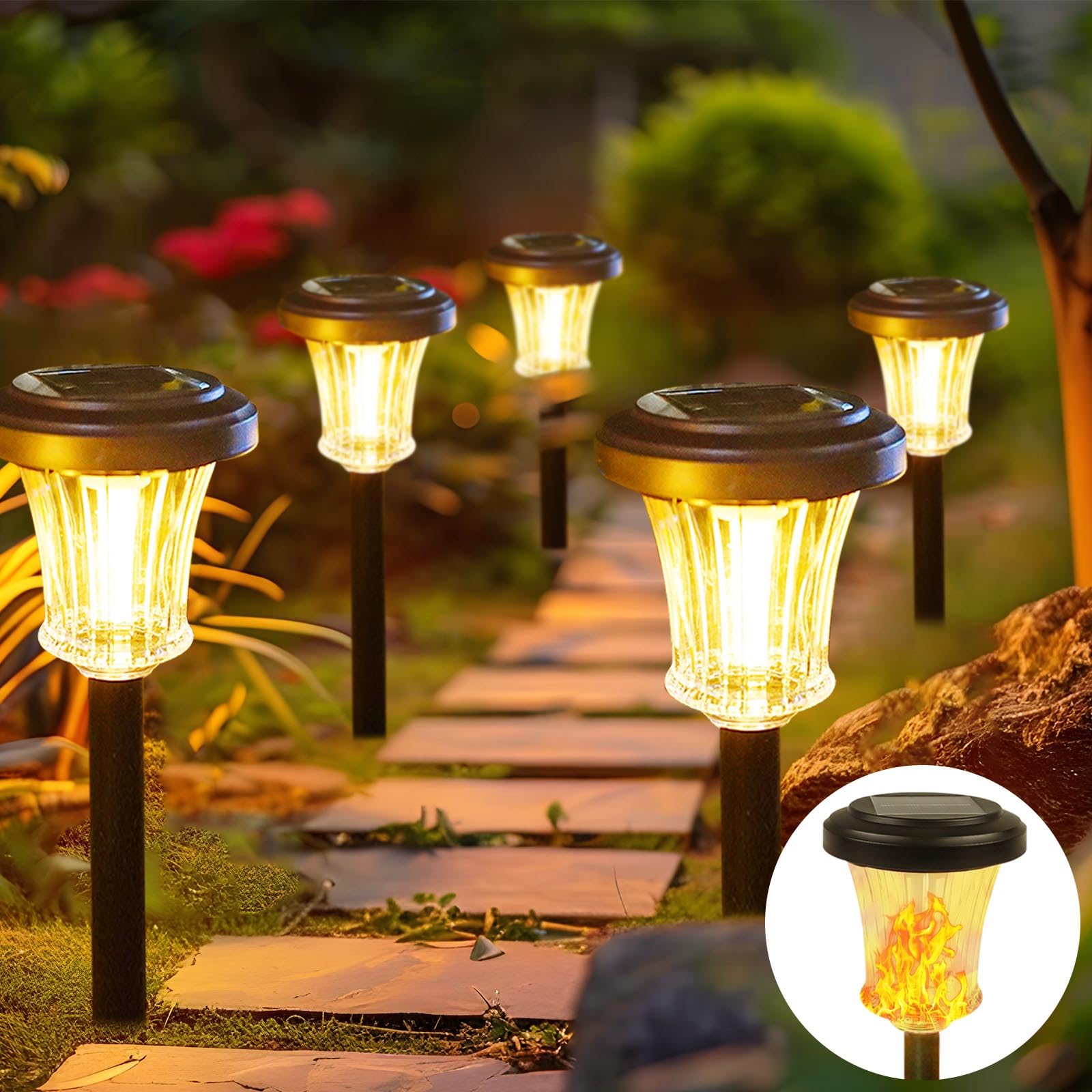 IDEAALS 8Pk 2 Modes(Steady on/Flickering) Solar Lights Outdoor Pathway, Solar Garden Lights, Auto On/Off Torch Lights with Flick