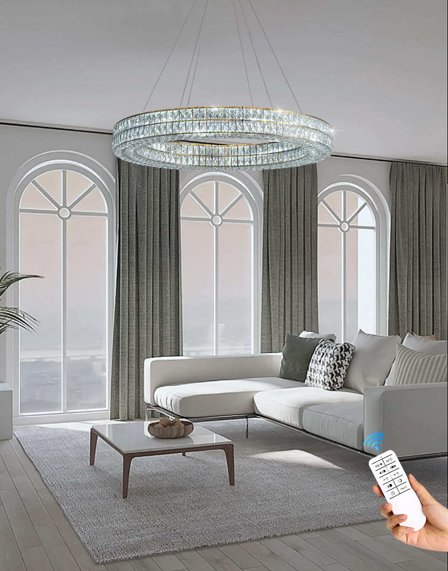 IDEQUY 24" Gold Ring Crystal Chandelier, Modern Dimmable LED Ceiling Light Fixture for Dining Room, Stainless Steel and Crystal, Model CF8024-60J