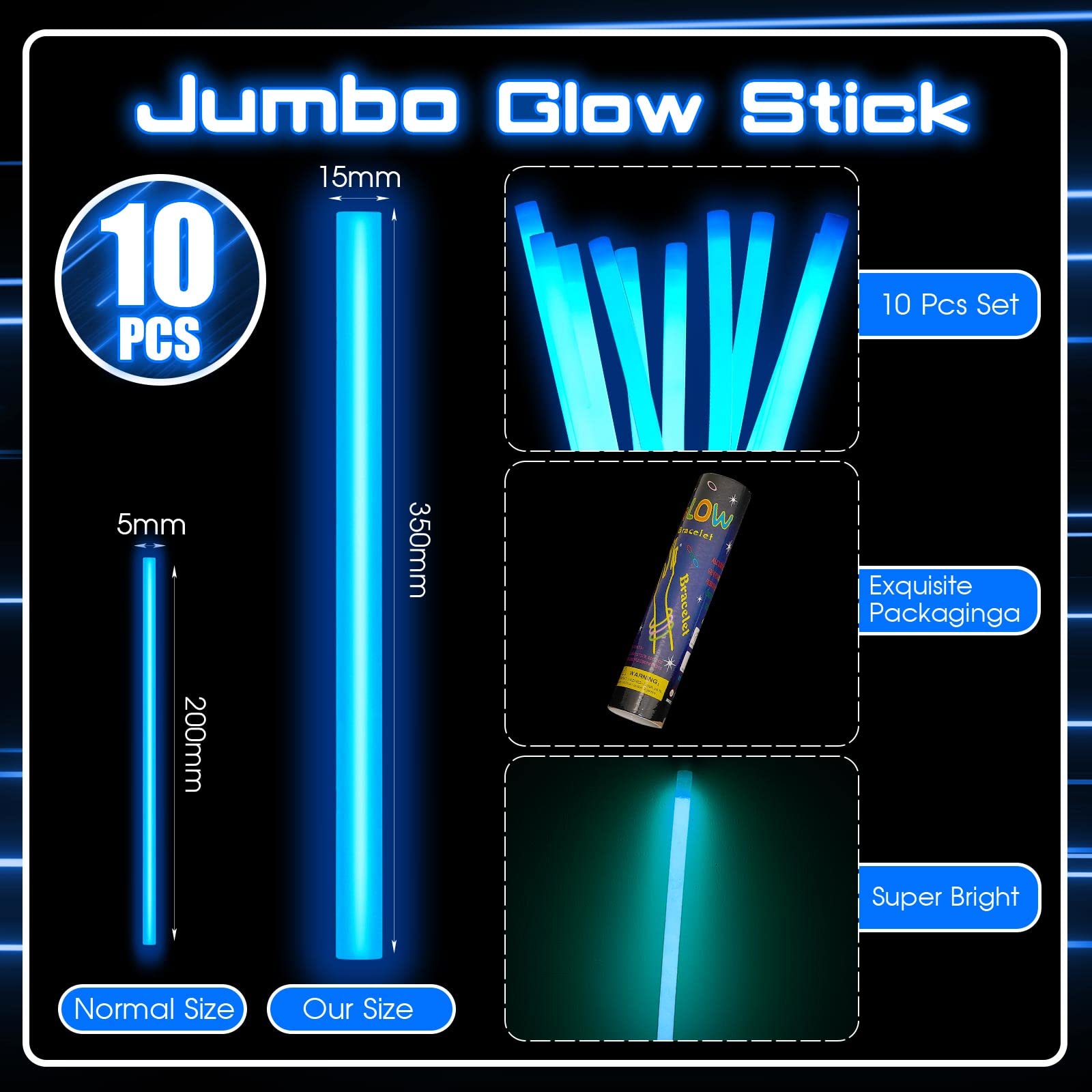 Lewtemi 10 Pcs 14 Inch Blue Glow Sticks - Jumbo Emergency Light Sticks for Camping & Survival Kits