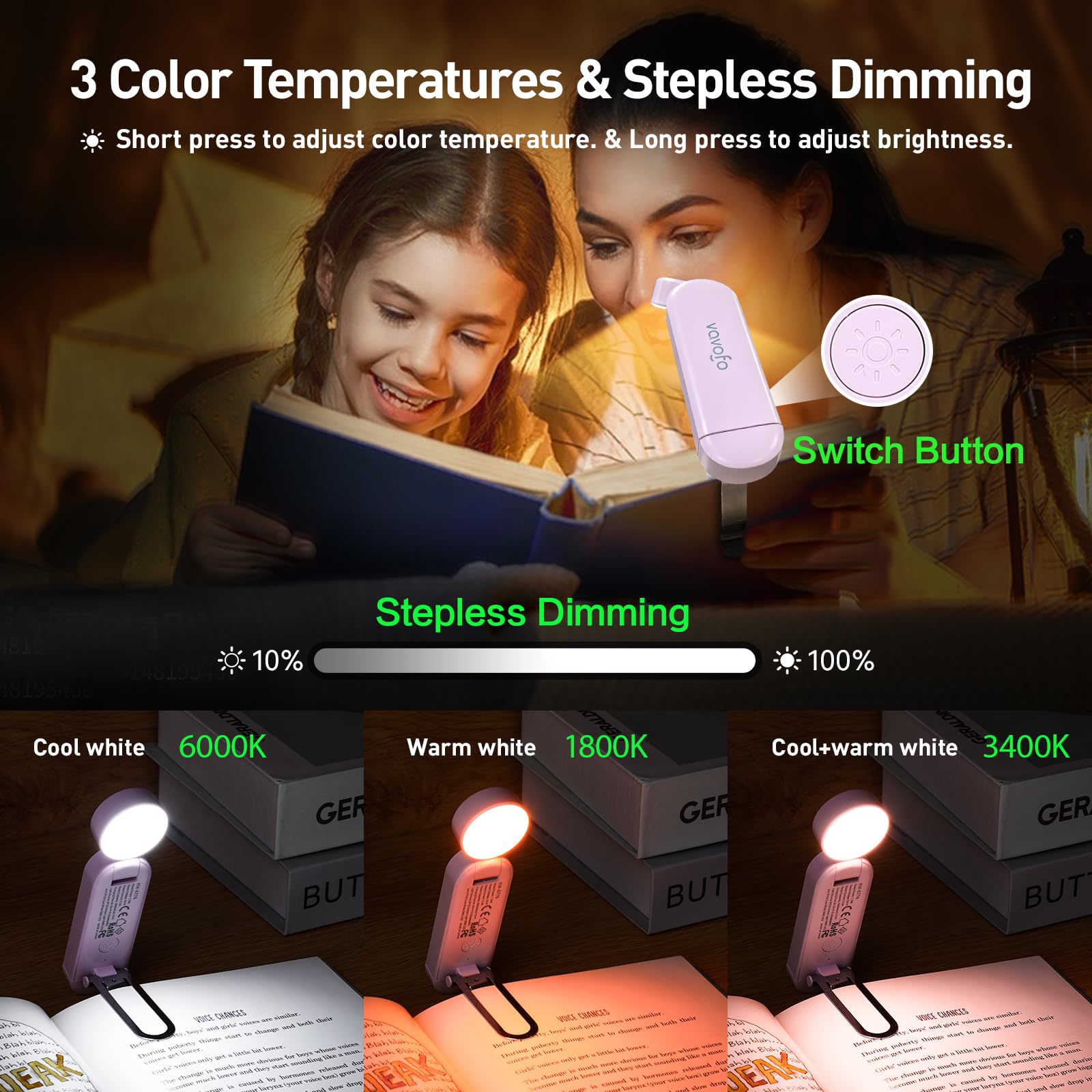 Vavofo Usb Rechargeable Book Light, Blue Light Blocking, Amber Light Clip On Bookmark Shaped Reading Light, Eye Care 6 Leds Book Light For Bookworms Reading In Bed With 9 Lighting Modes (Pink Purple)