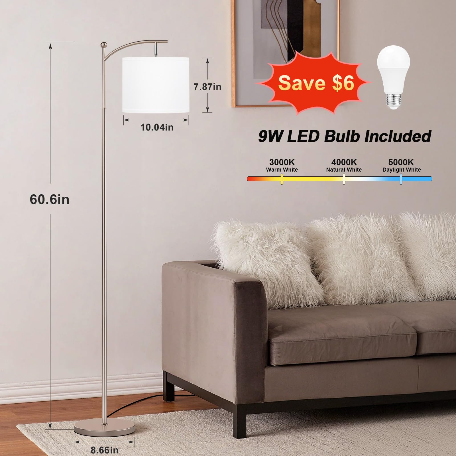 60'' Floor Lamps For Living Room With 3 Color Temperatures, Adjustable White Shade With Light Gold Pole, Tall Lamps For Living R