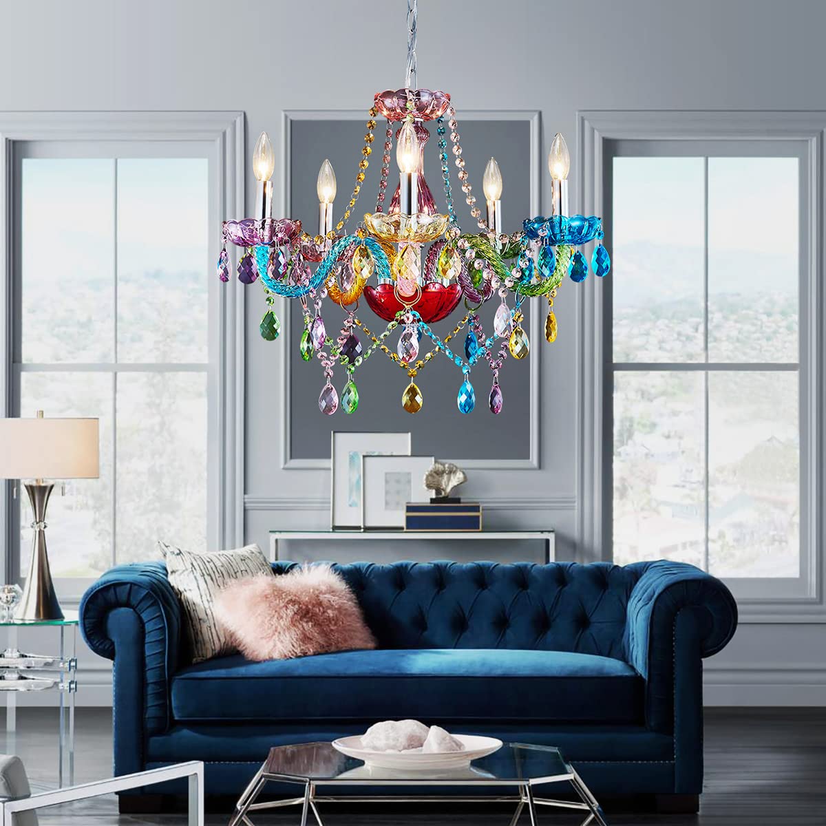 SM Saint Mossi Modern K9 Crystal Chandelier, 5-Light Pendant Fixture, Multi-Color, Adjustable Chain, H19 x W19, Model SM-DY-19084