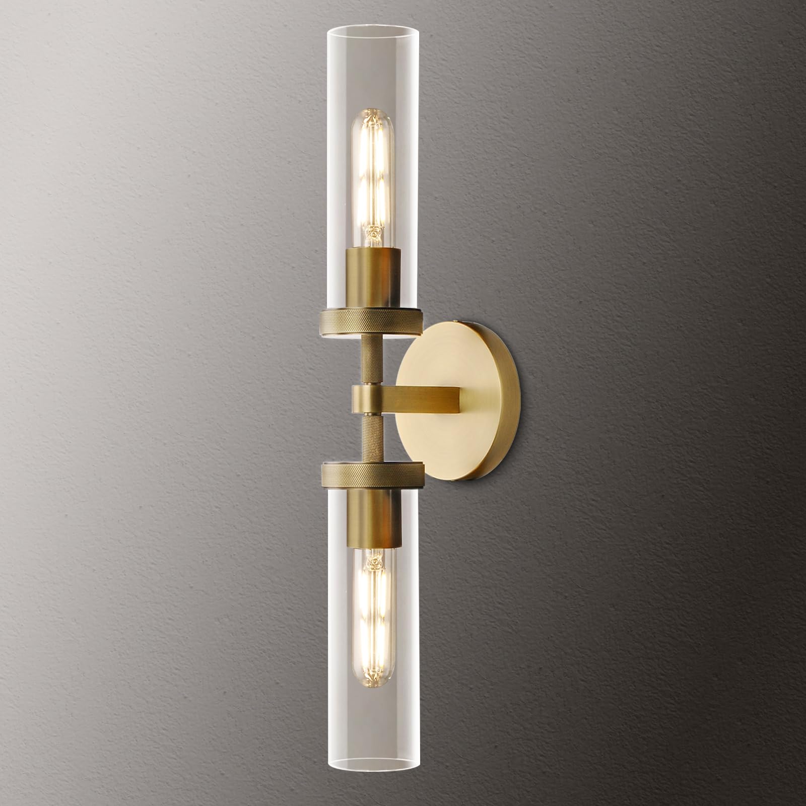 2-Light Brass Knurled Wall Sconces, Glass Sconces Wall Lighting indoor, Gold Bathroom Vanity Light Sconces, Wall Lights for Livi