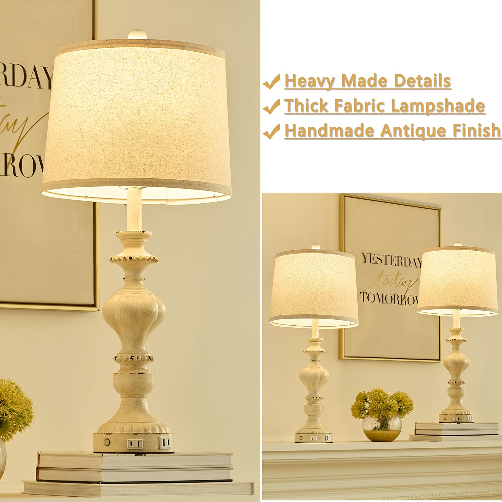 SAIWEYA 27.5" Farmhouse Touch Table Lamps Set of 2, USB C+A Ports, 3-Way Dimmable, White Washed, Medium Size