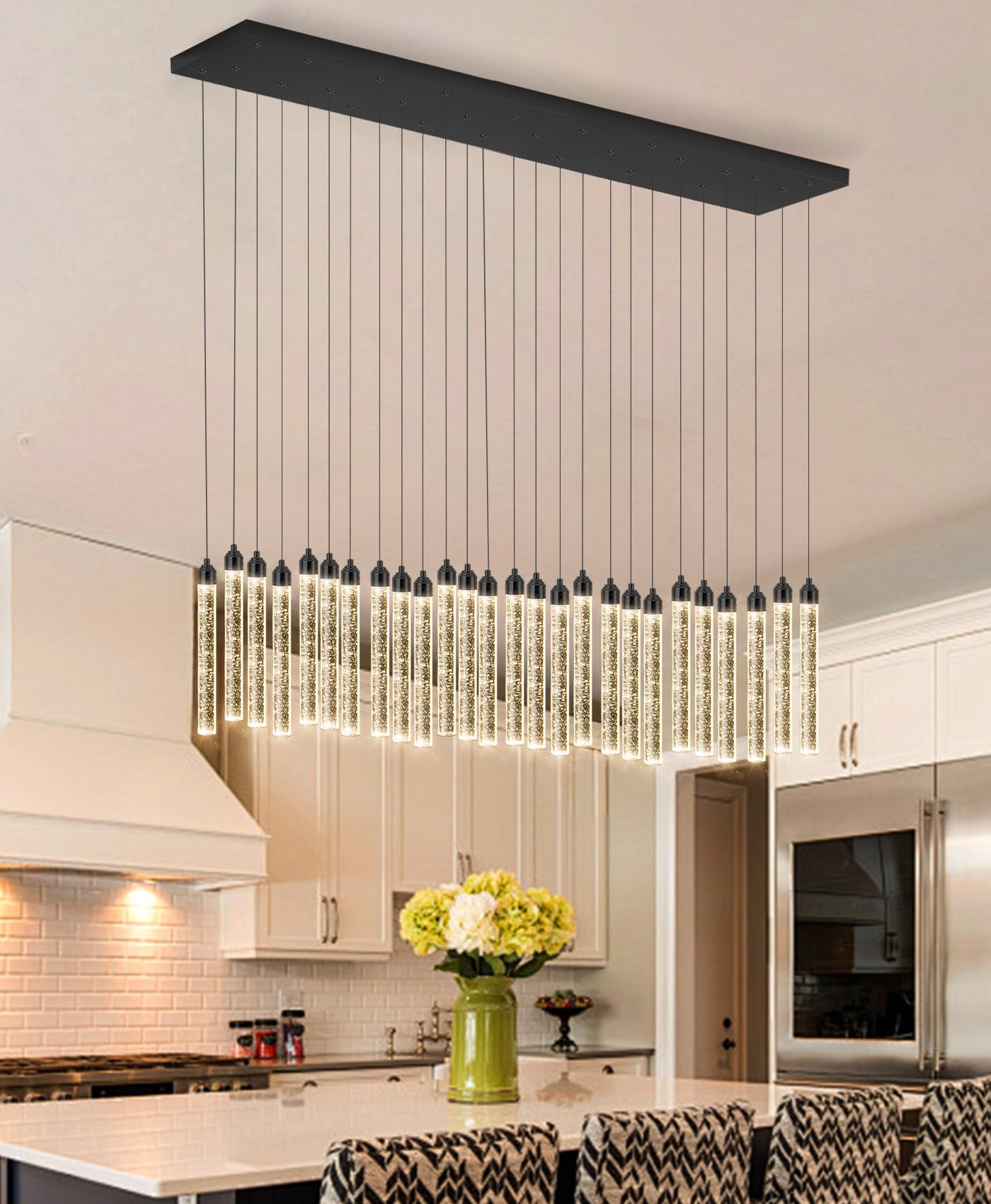 Rectangular Chandeliers 26-Lights Long Light For Entryway Led Dimmable Chandeliers Lighting Fixture Flat Sloped High Ceiling Pendant Lights Crystal For Living Room Foyer Hallway Staircase Black