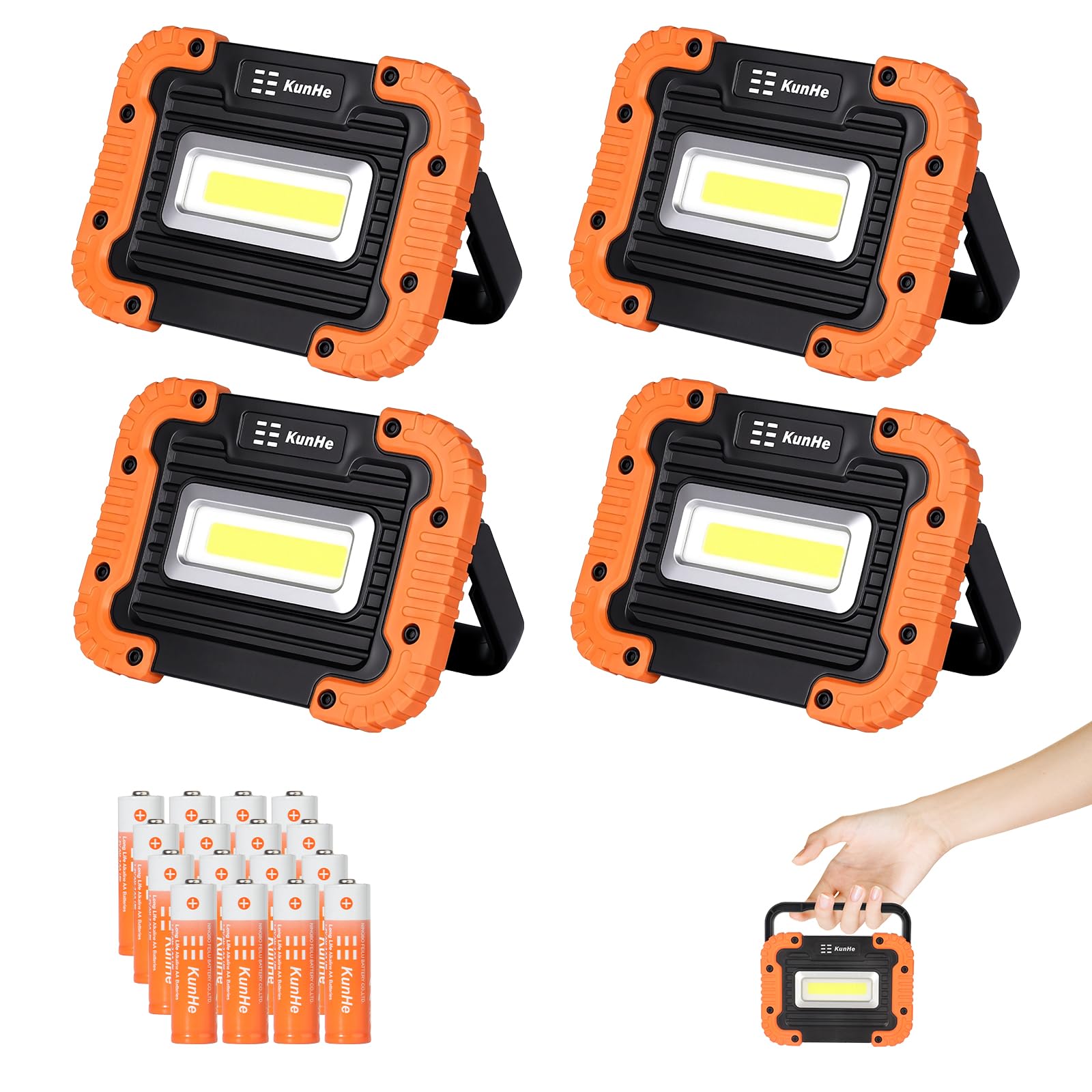 KunHe 500 Lumen Battery Powered Magnetic Work Light, IPX4 Waterproof, 180° Rotating Bracket, 4 Pack, Black and Orange, Model W8-4
