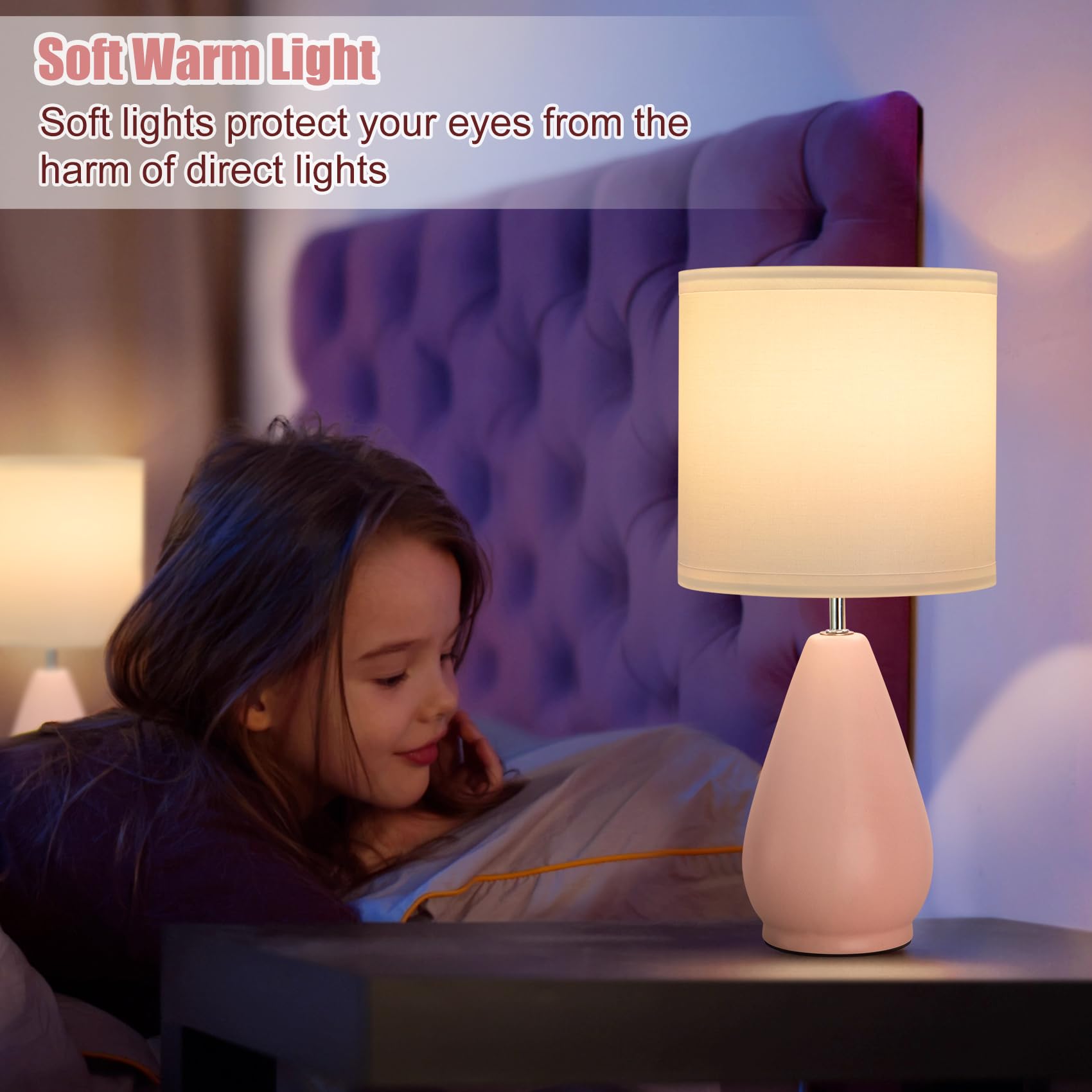 Yacoto Ceramic Table Lamps Set Of 2, Small Pink Bedside Lamps For Bedroom Modern Nightstand With 3 Color Temperatures For Living