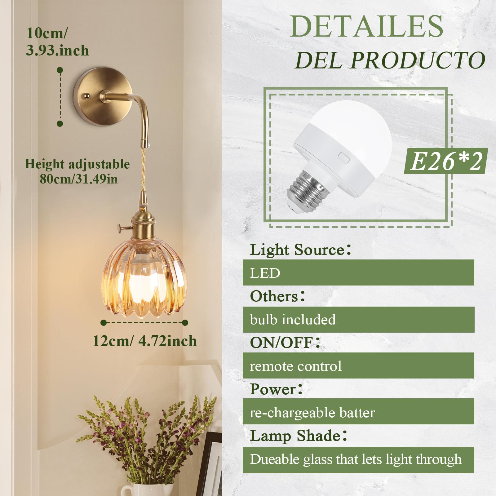 EIDEARAY Vintage Wall Sconces - Amber Tulip Glass, Battery Operated, Rechargeable RGB, Dimmable Remote Control, Model YLC-BRO3TB