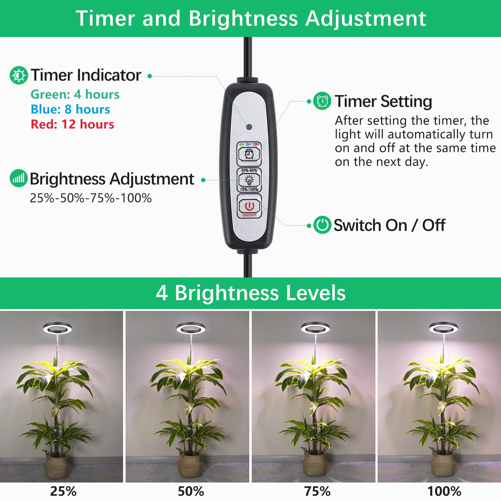 Lordem Black Full Spectrum Led Grow Light, 72 Leds, 4 Brightness Settings, Auto On/Off Timer, Height Adjustable, Ideal For Large Plants