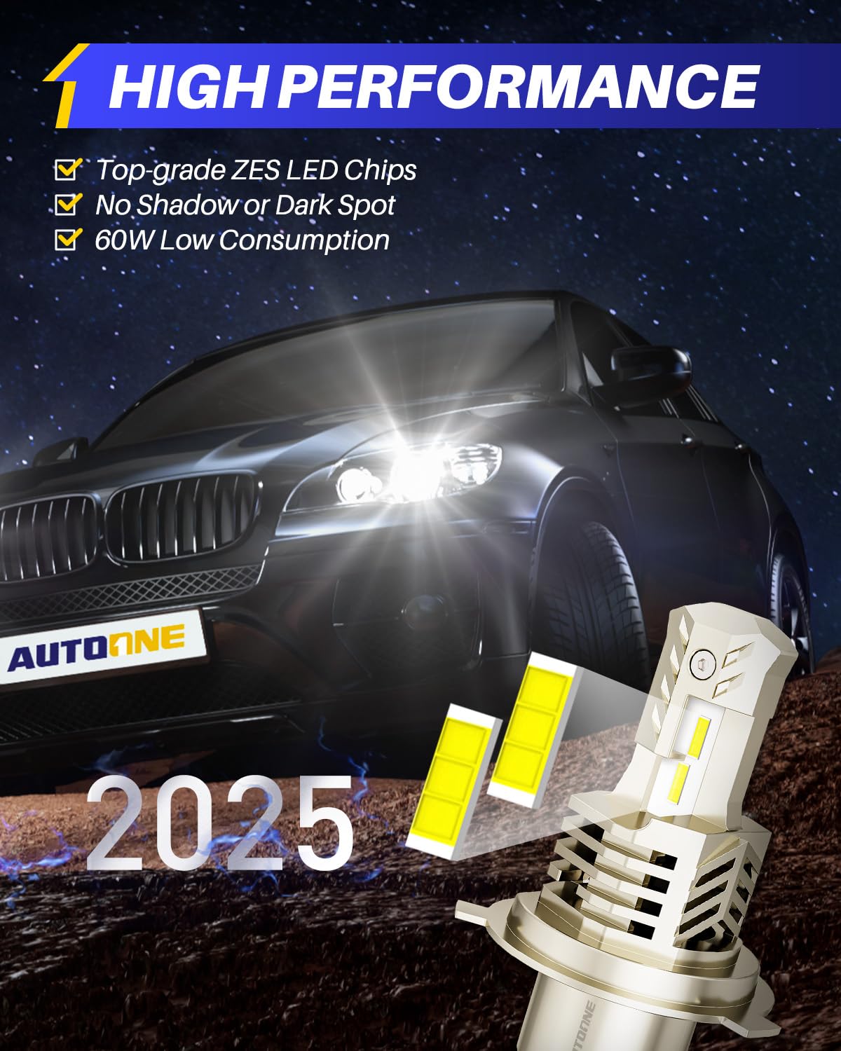 AUTOONE H4/9003/HB2 LED Bulbs 6000K White 36000LM Plug and Play IP68 Fog Light 2 PCS