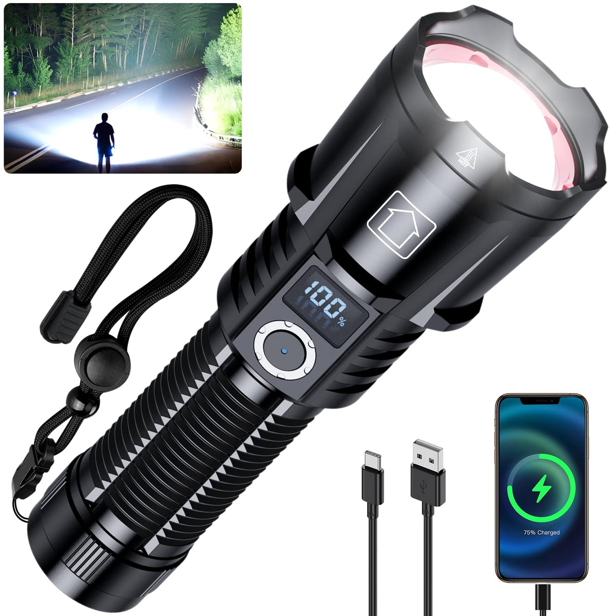 Baibian Rechargeable Flashlights 4000.000 High Lumens, Super Bright Flashlight High Powered Tactical Flashlight, 6 Modes With Lc