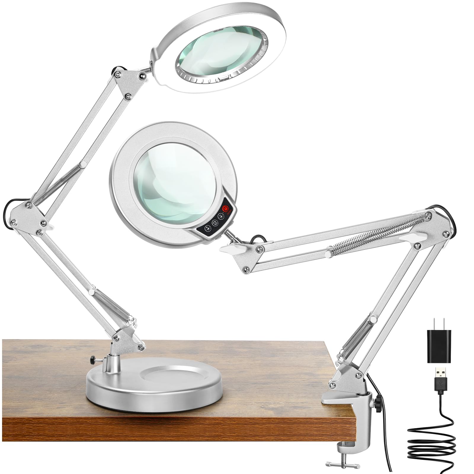 Coyeth 10X Magnifying Glass with Light, Stepless Dimmable, LED Desk Lamp, Silver, 2-in-1 with Clamp for Crafts and Reading