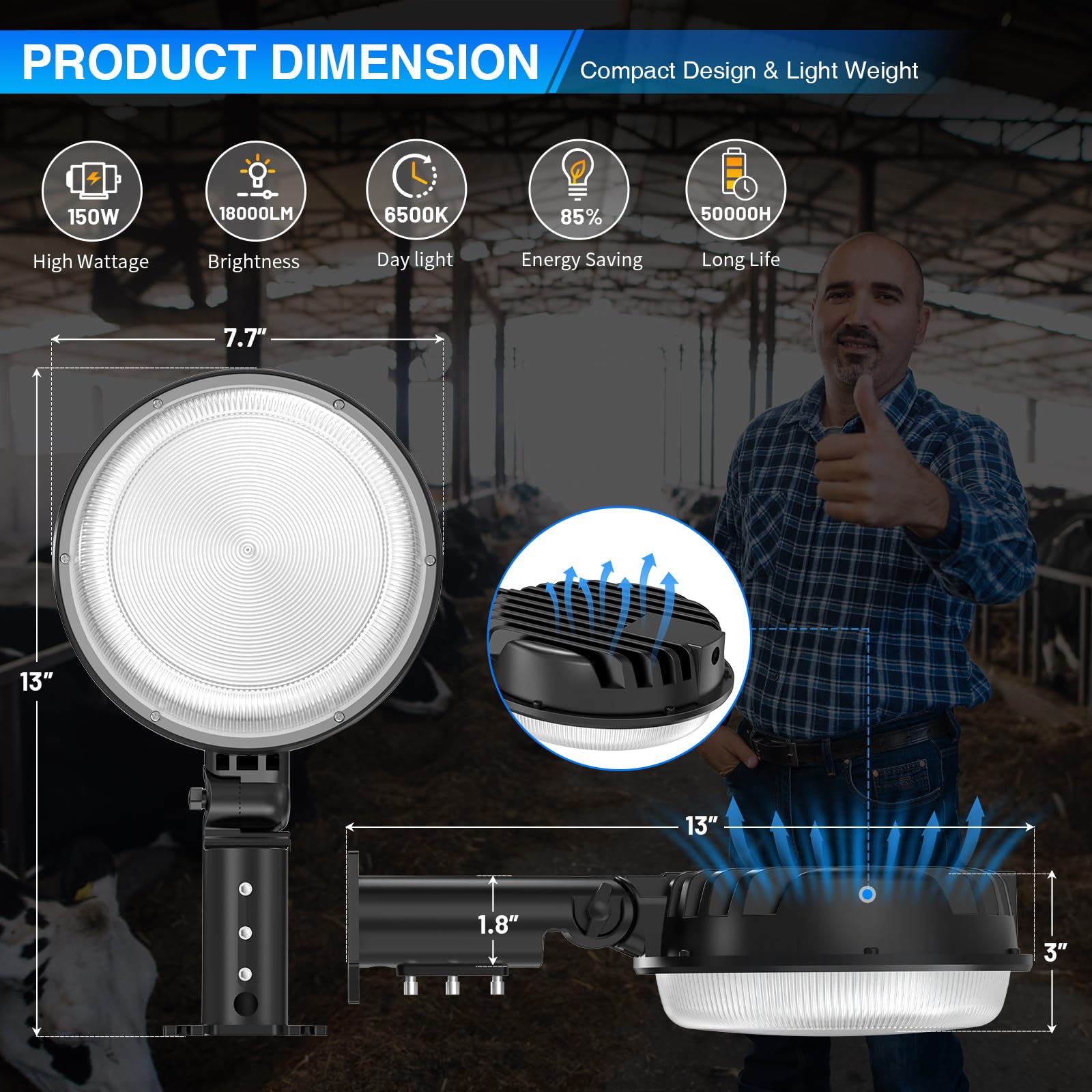 2 Pack 150W Led Barn Light, Dusk To Dawn Outdoor Lighting, 20000Lm Yard Light With 150° Adjustable Angle Photocell, 6500K Street Light Ip66 Waterproof For Garage, Patios, Barns, Farmhouse, Shop