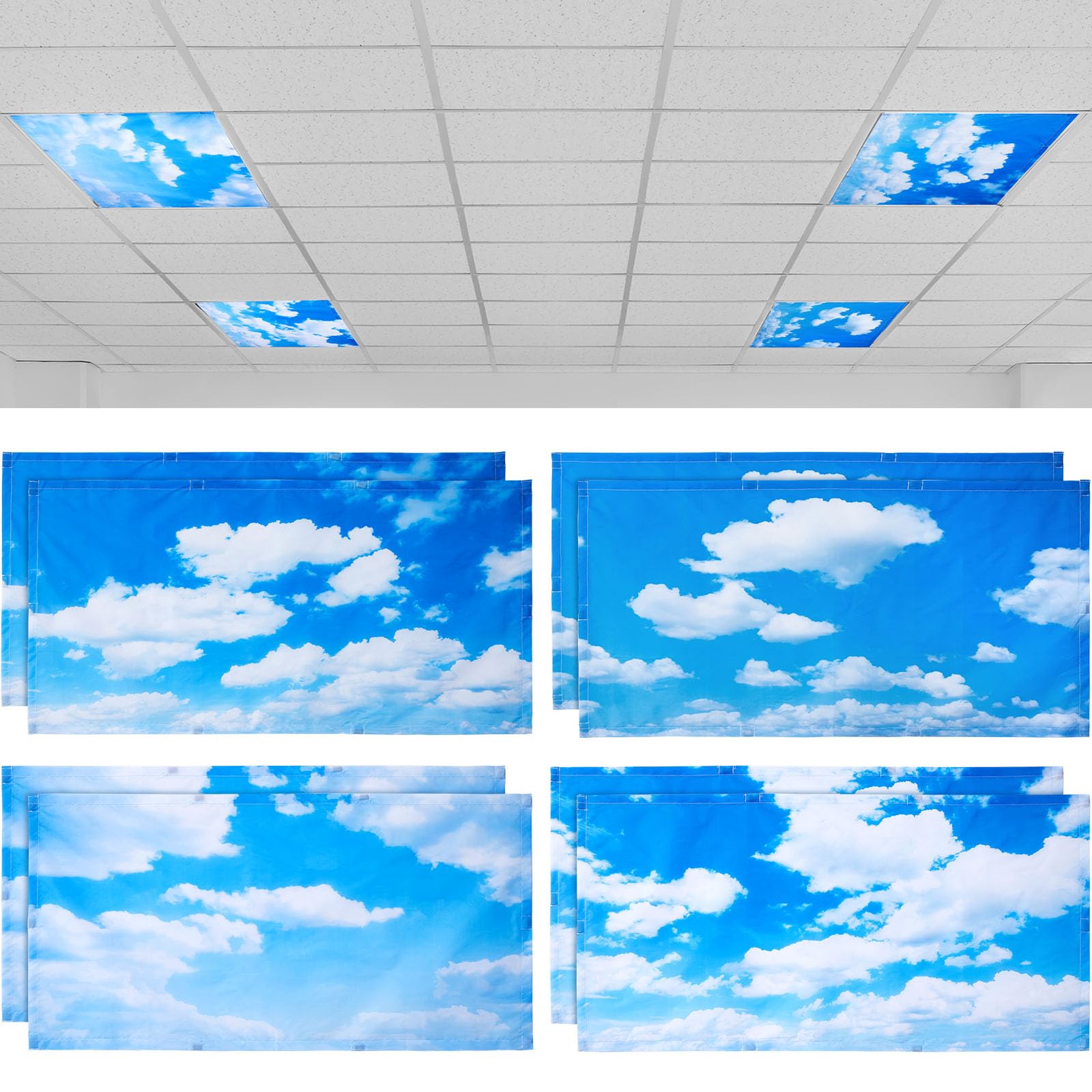 Roceei 8 Pcs Fluorescent Light Covers, Magnetic Classroom Filters - Blue Sky Cloud Design