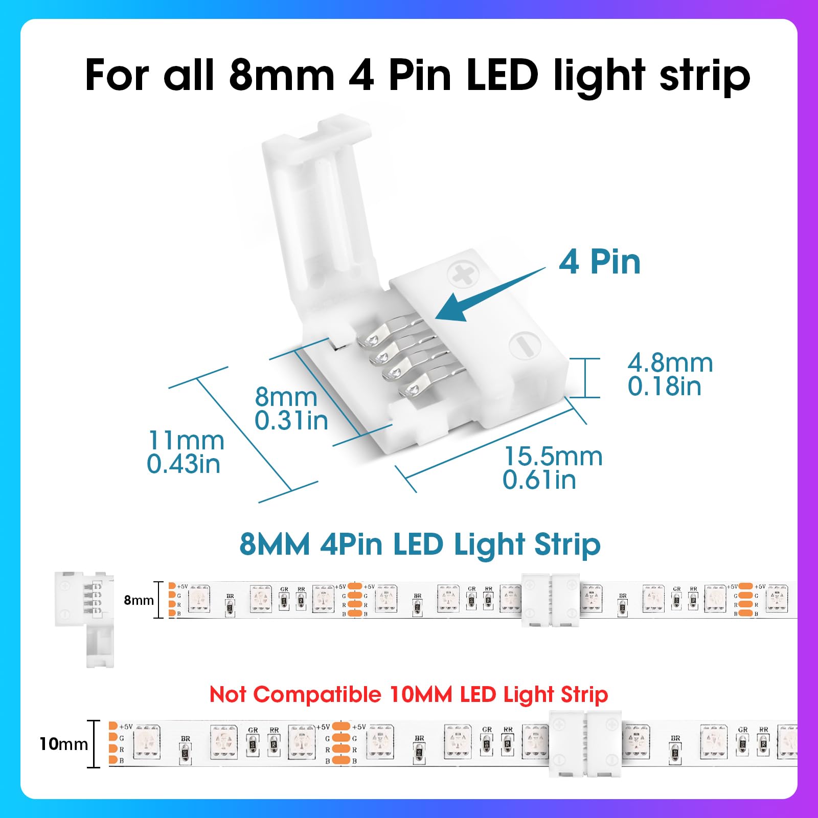 Wenhsin 10-Packs 4-Pin Led Connectors For Led Strip Lights 8Mm Width Unwired Gapless Solderless Adapter Extension