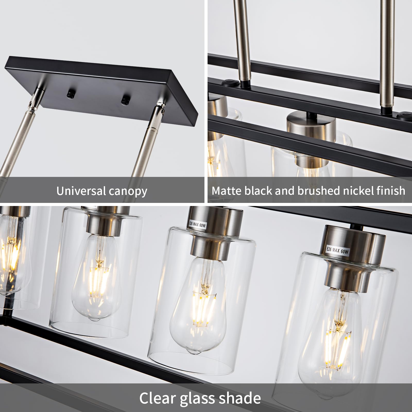 Hccz 5-Light Modern Farmhouse Chandelier, Black & Brushed Nickel Pendant Light For Dining Room