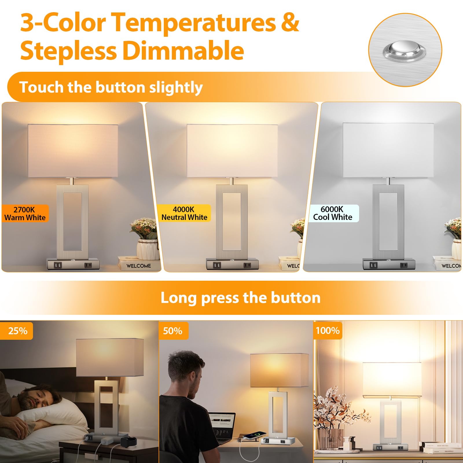 3 Color Temperatures Touch Control Table Lamps Set Of 2, Stepless Dimmable Bedside Lamps With 2 Usb Ports&Ac Outlet, Modern Nigh