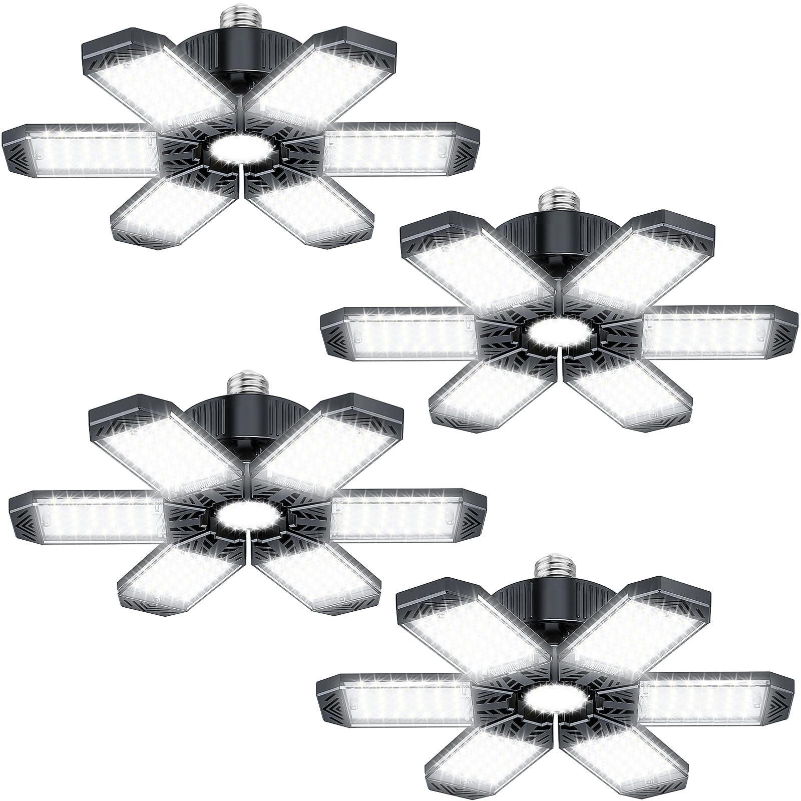 XINGHUANLIT Garage Lighting 4 Pack - 200W 20000LM 6500K LED Garage Lights with 6+1 Adjustable Panel Screw in E26/E27 Bulb Socket