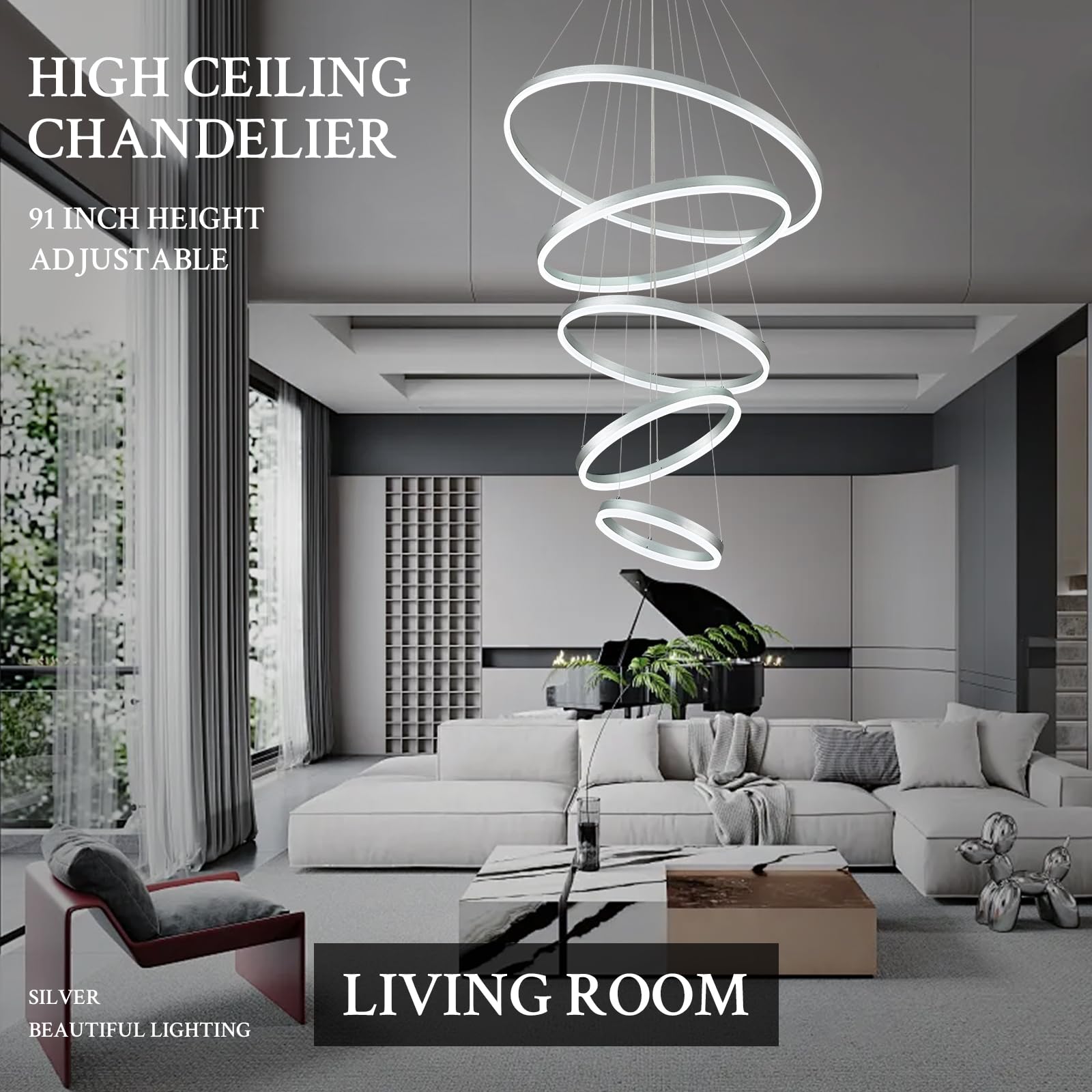 Sparklelf LED Chandelier, 5 Rings, Dimmable, Remote Control, Silver, 31.5in, Model SE-P60-5SDC1
