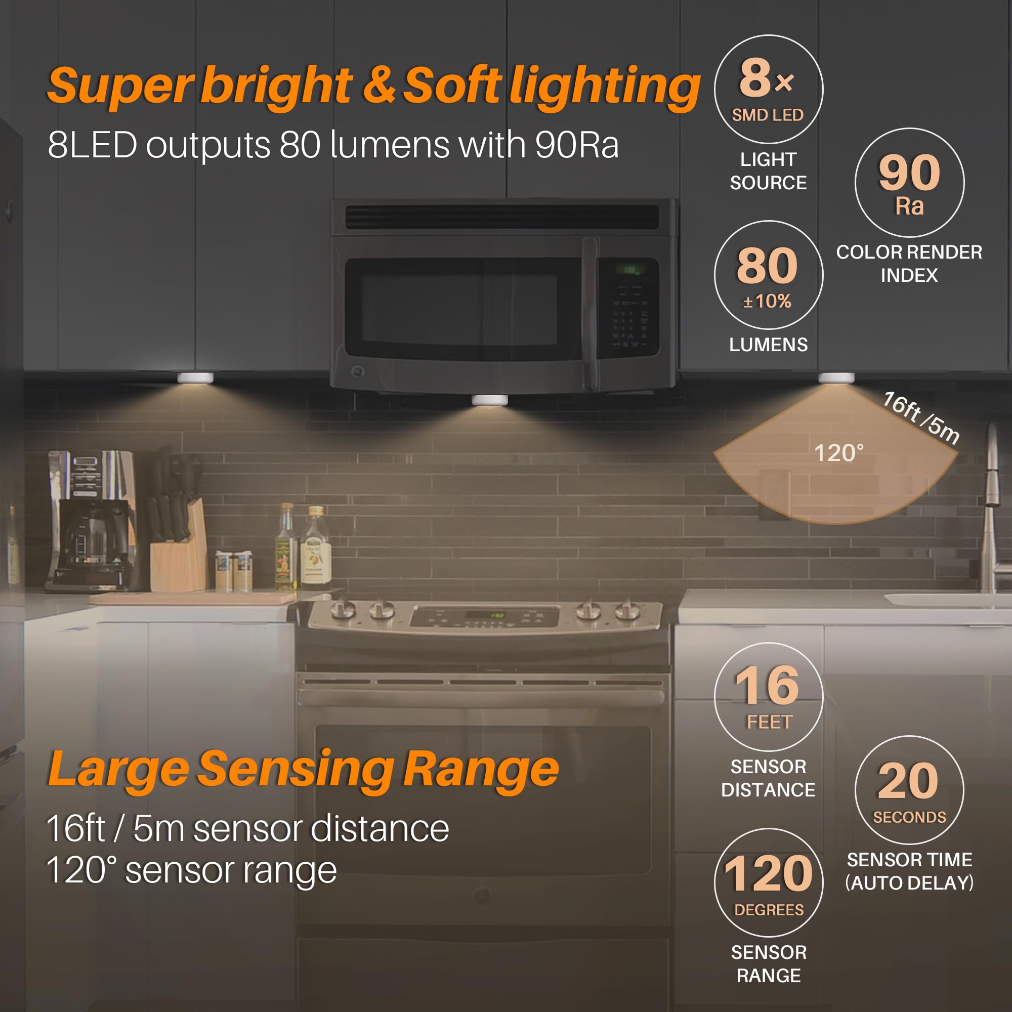 STAR-SPANGLED Motion Sensor Lights Indoor, High CRI Stick on Puck Lights Battery Operated (Warm White - 8cm, AA Battery Operated