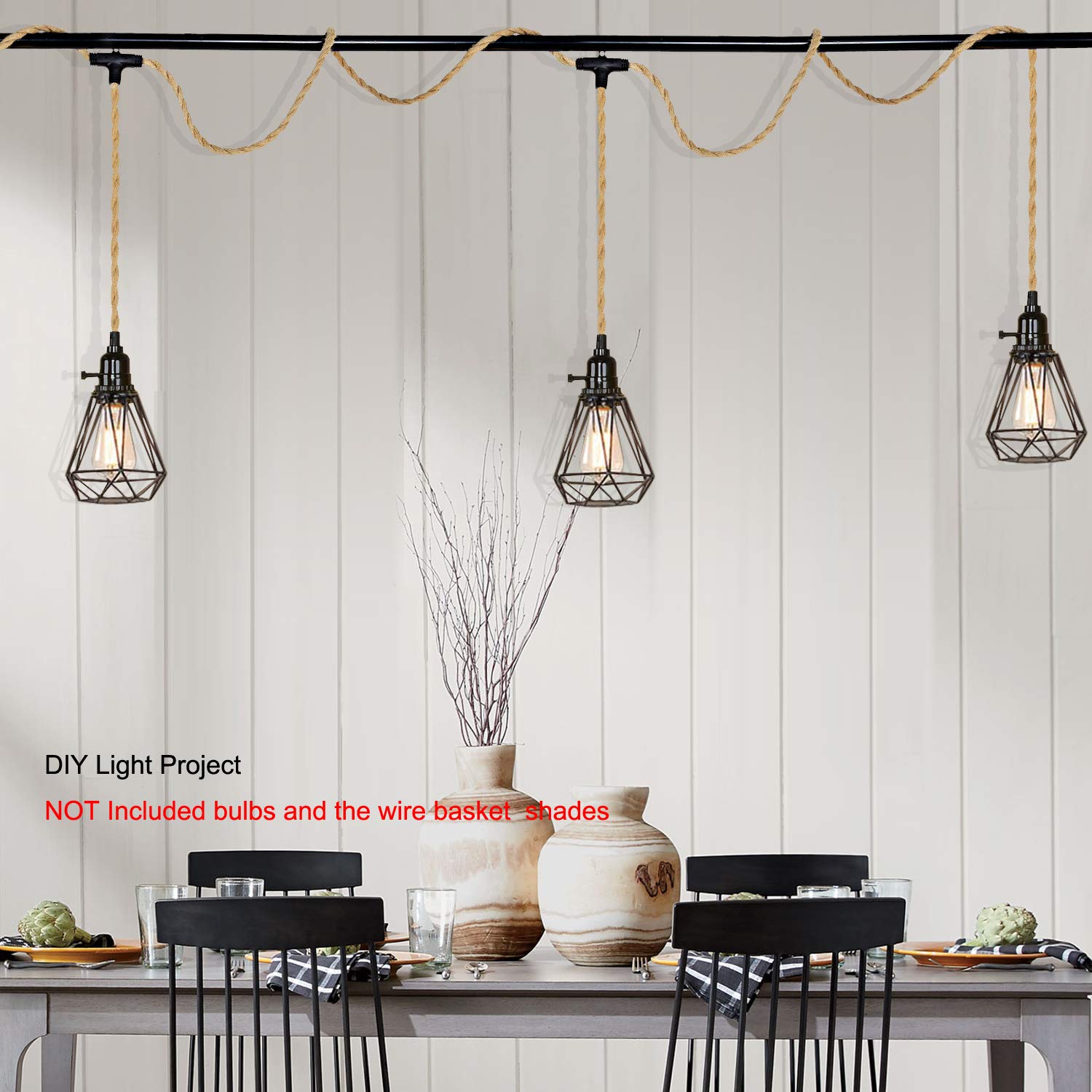 ALAISLYC Triple Plug-in Pendant Light Kit, 23 Ft Hemp Rope, Yellow, 1-Pack/3-Light, Model P038C3, DIY Hanging Lamp Fixture