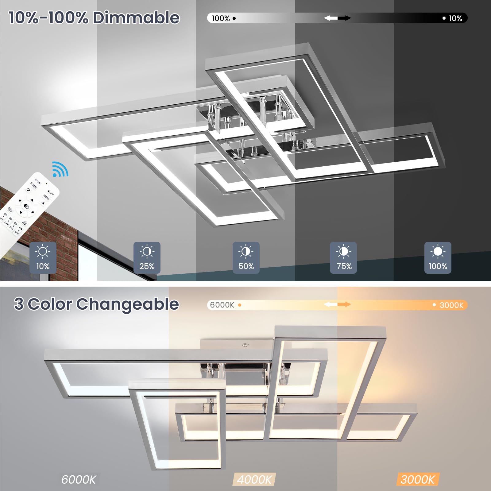 Sovinzert Dimmable LED Ceiling Light 26In Modern Chrome 4-Square Fixture with Remote Control for Living Room, Kitchen, Bathroom, Dining Room