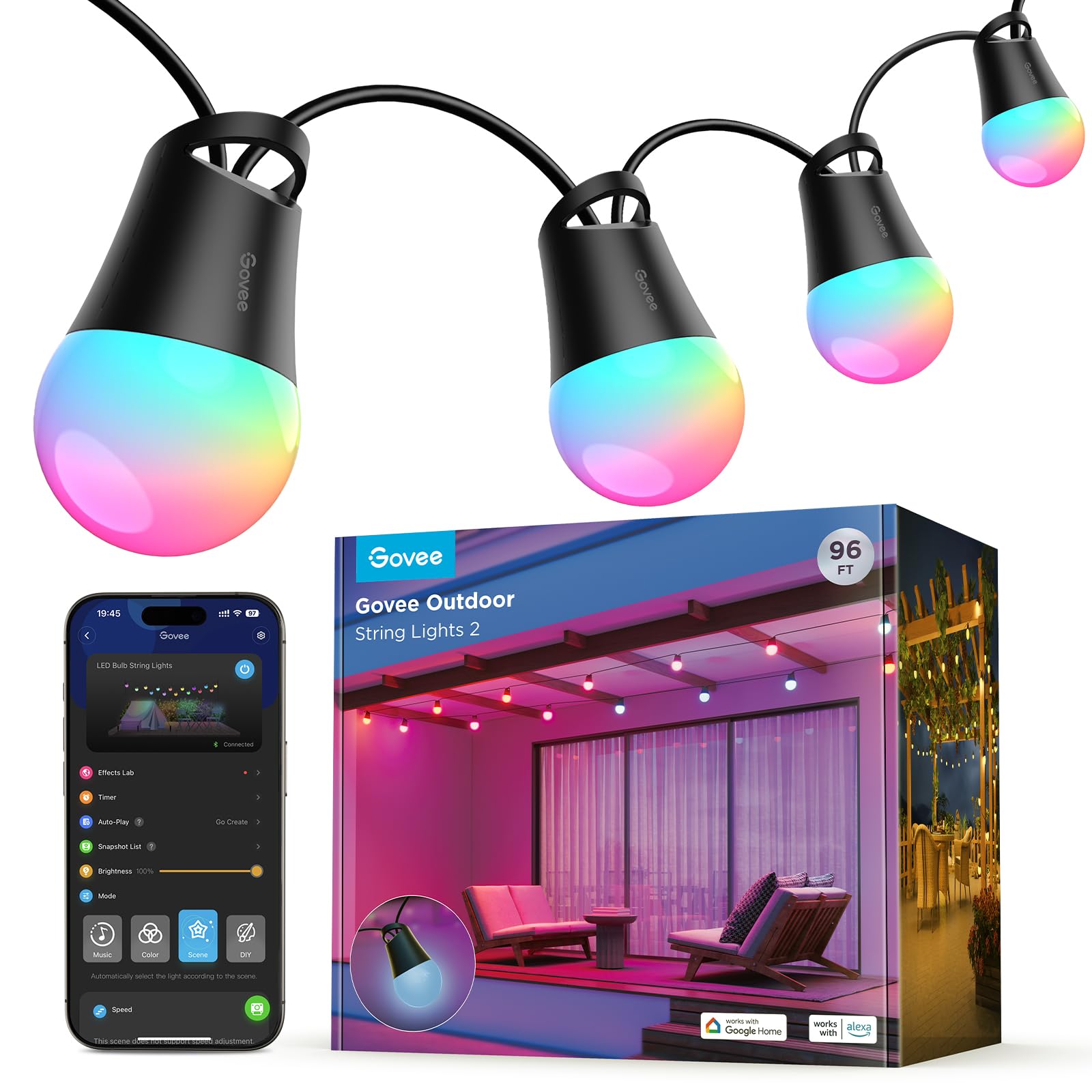 Govee Smart Outdoor String Lights, 96ft, RGBIC, Dimmable Warm White LED, 47 Scene Modes, IP65 Waterproof, Model H7038