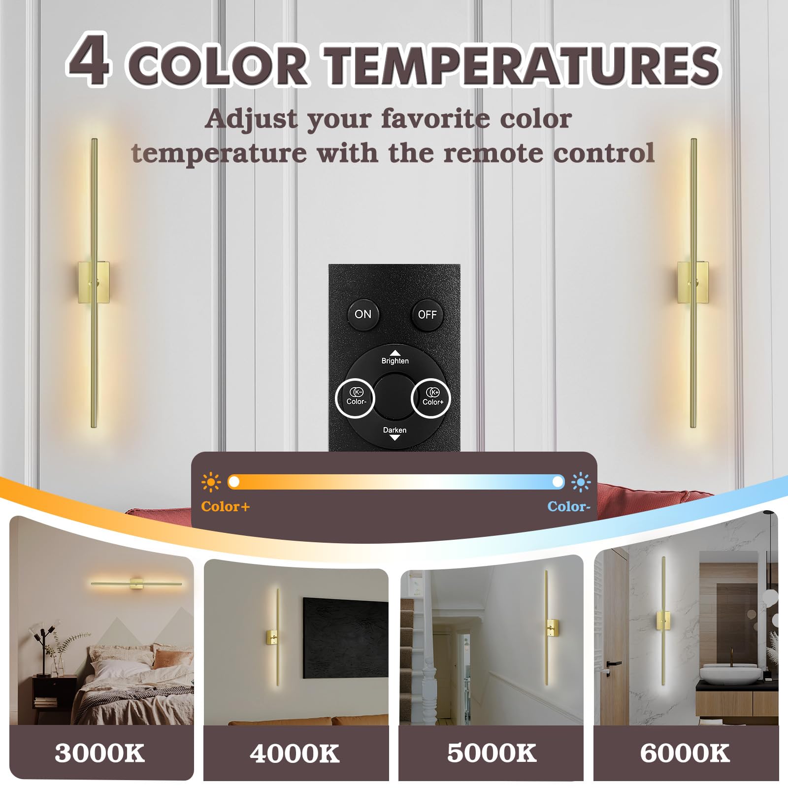 Battery Operated Wall Sconce with Remote Control, Set of Two Dimmable Battery Removable Wall Lamp, Four Color Temperature LED Re