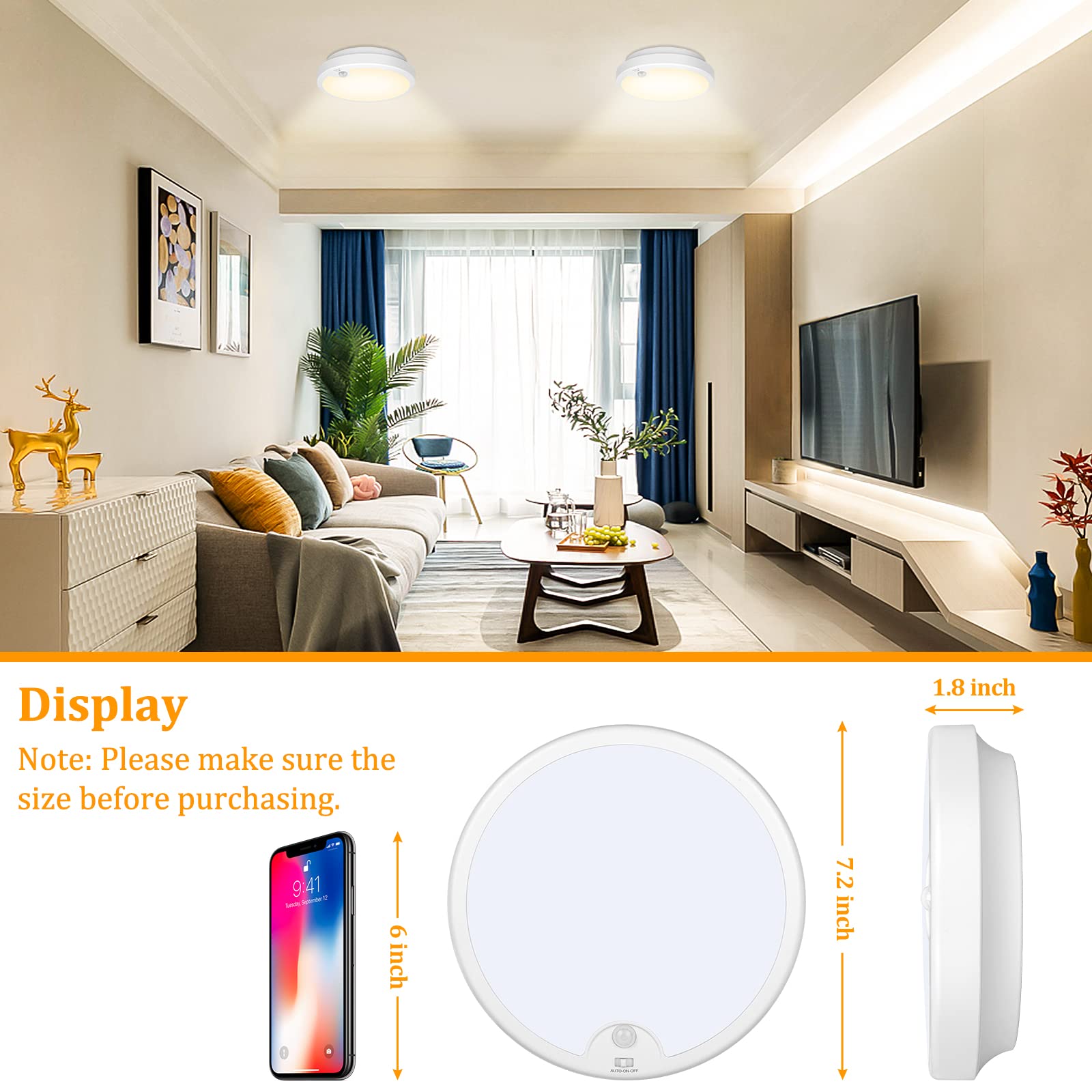 2-Pack Battery Operated Motion Sensor Led Ceiling Lights Indoor, Wireless Flush Mount Light Fixture 3000K In 400Lm, Battery Powe