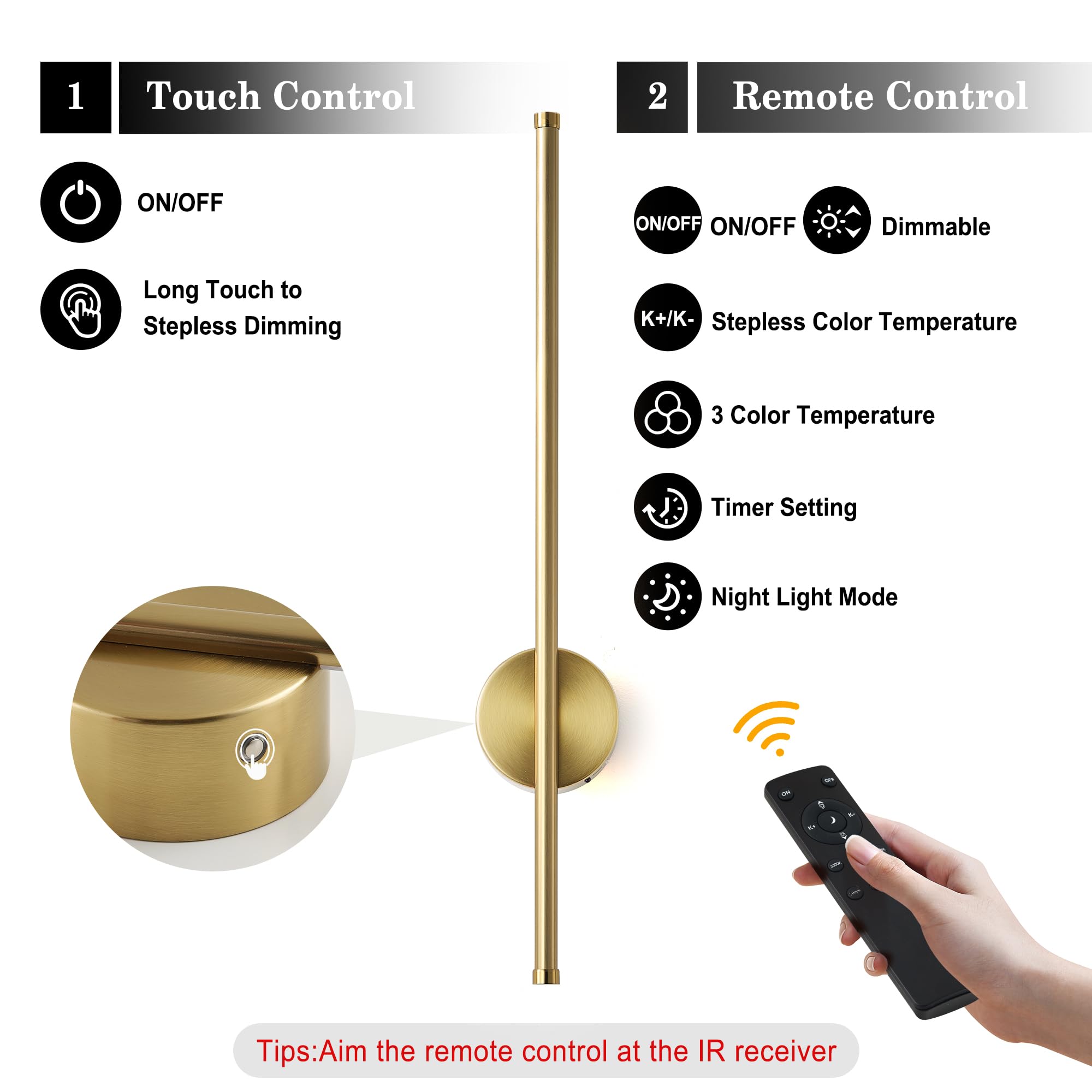 KARTOOSH Battery Operated Wall Sconces, Dimmable, 3 Color Temperatures, 23.6 Inch, Brass, Model ZM322BBS60, Set of Two