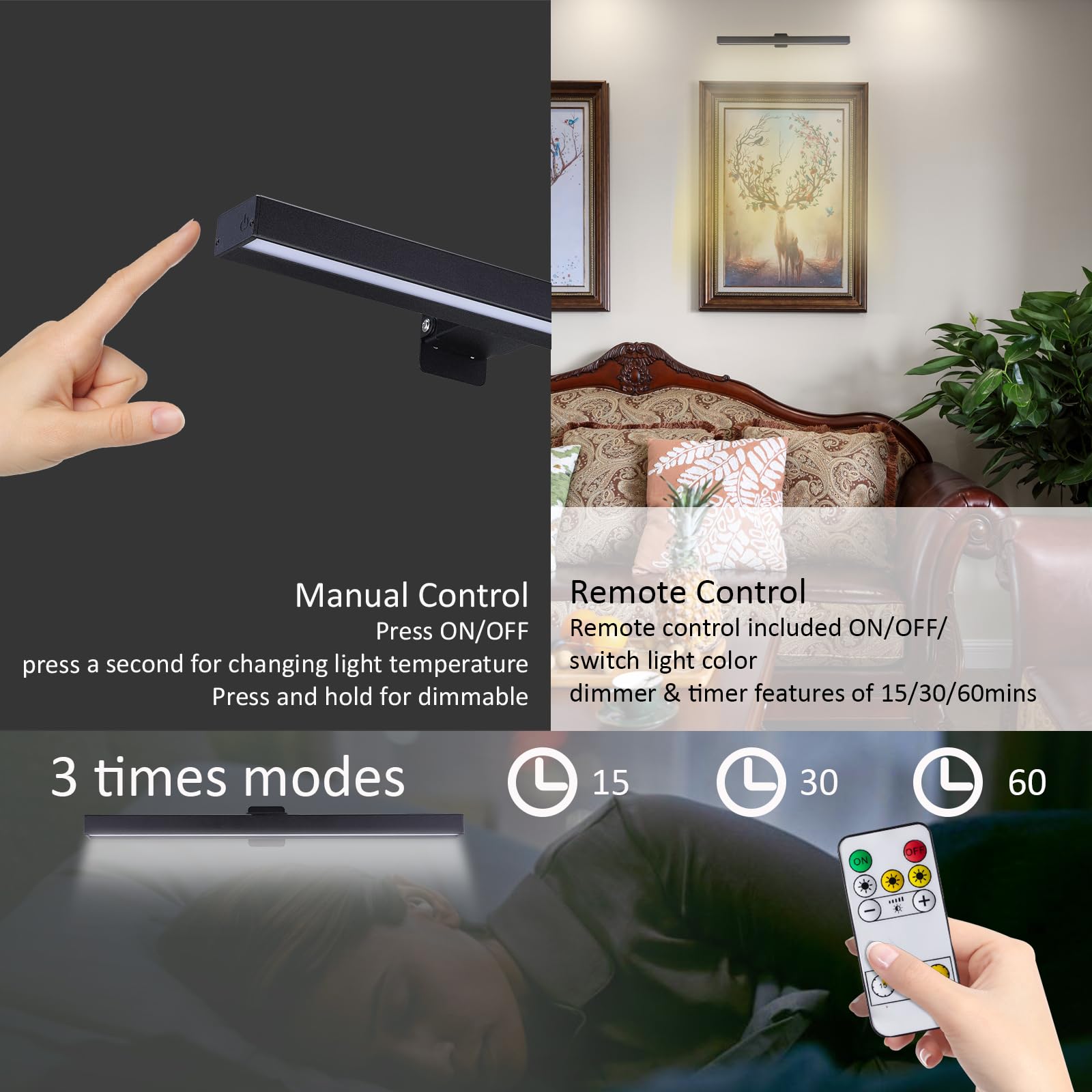 Vigmoj Wireless Led Picture Light 16In With Remote,Dimmable And Timer Picture Lights For Paintings,Metal Rechargeable Art Light