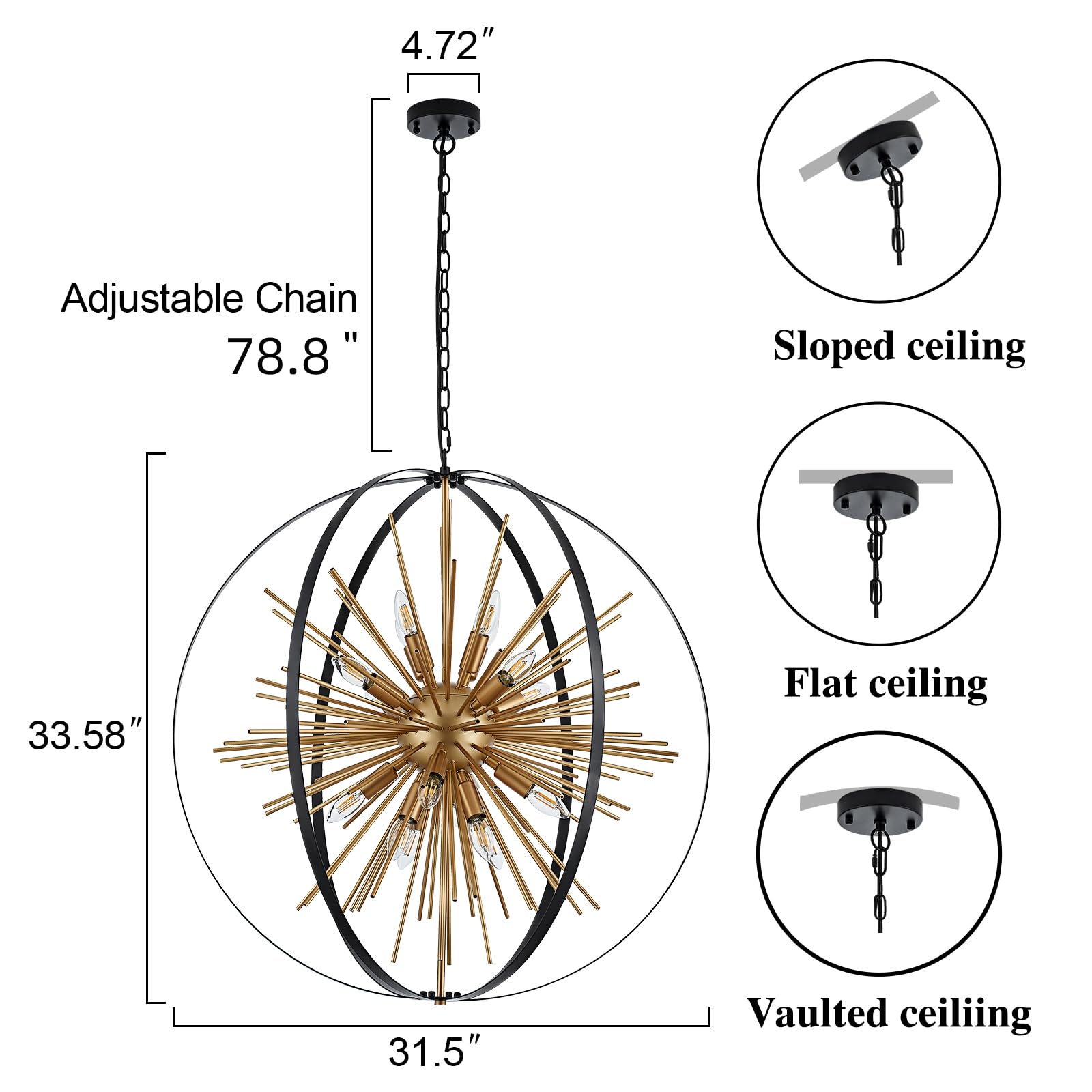 TACDANDM 31.5" Black Gold 16-Light Globe Sputnik Chandelier, Metal, Adjustable, Modern Industrial Ceiling Pendant Light for Home Decor