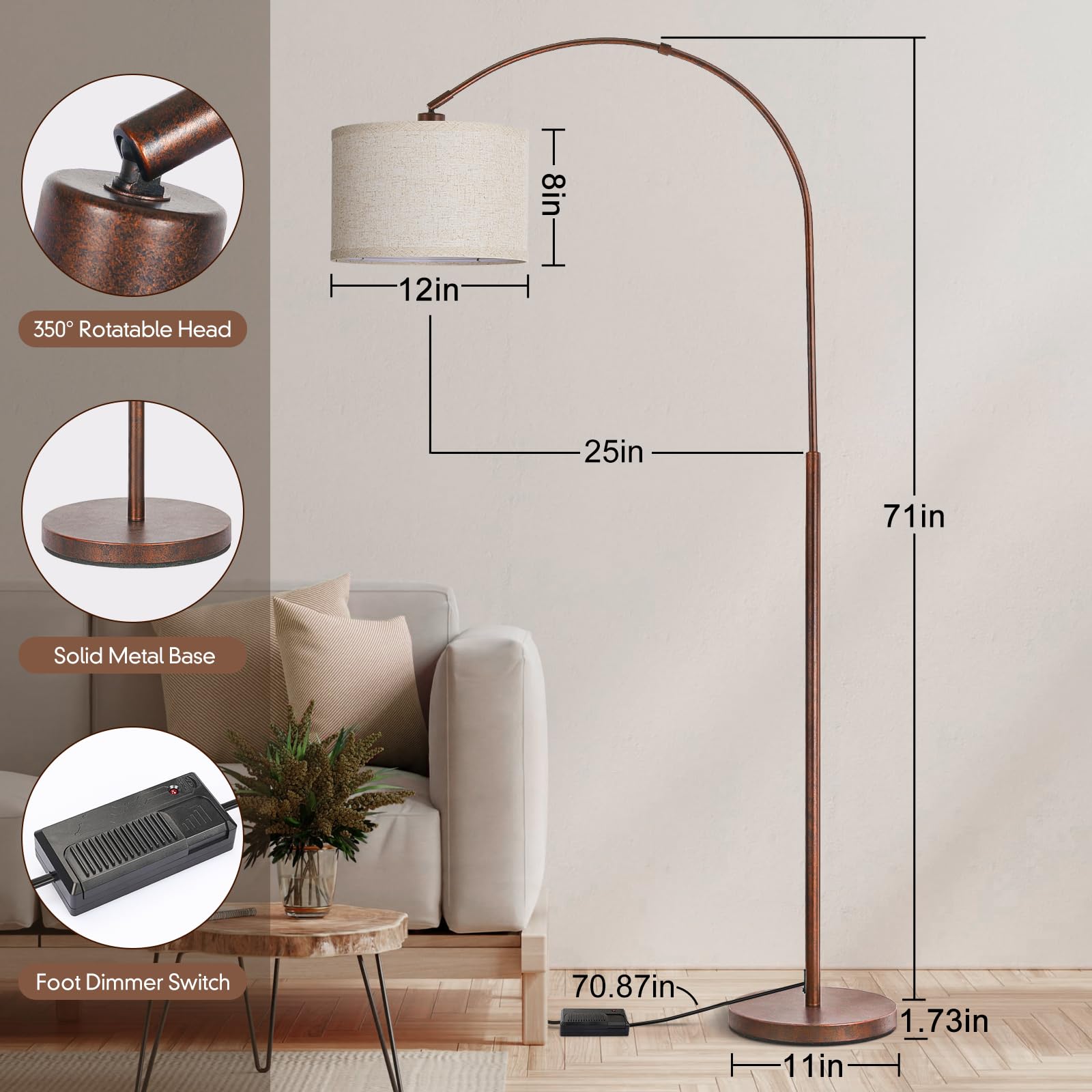 Dimmable Arc Floor Lamps For Living Room, Mid Century Floor Lamp, Antique Bronze Standing Lamp With Adjustable Hanging Shade, Ta