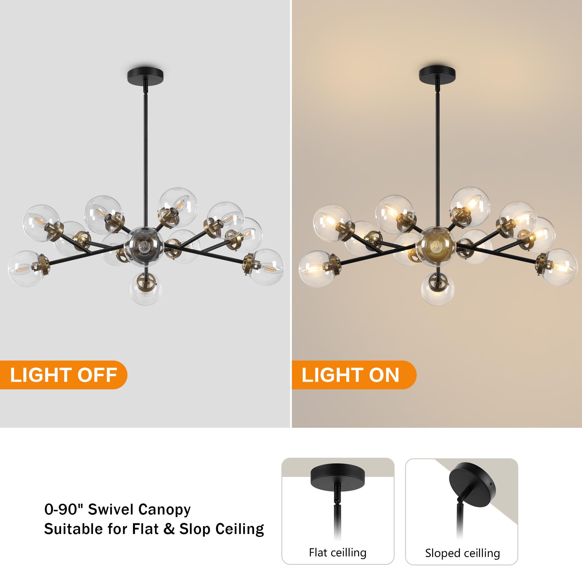 Wingbo 12-Light Sputnik Chandelier, Modern Pendant Light Fixture With 4.7" Clear Glass Globe Shade For Flat And Slop Ceiling, Height Adjustable For Kitchen Living Room Dining Room Bedroom, Black
