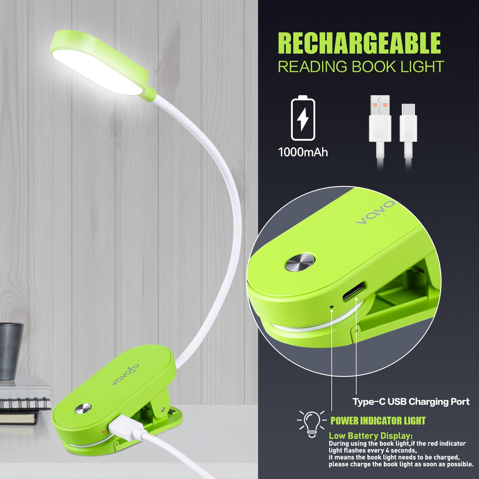 VAVOFO Rechargeable Book Light, 14 LEDs, Clip On, Eye Care, 9 Colors, 9 Brightness Levels, Green, Model KM-6775