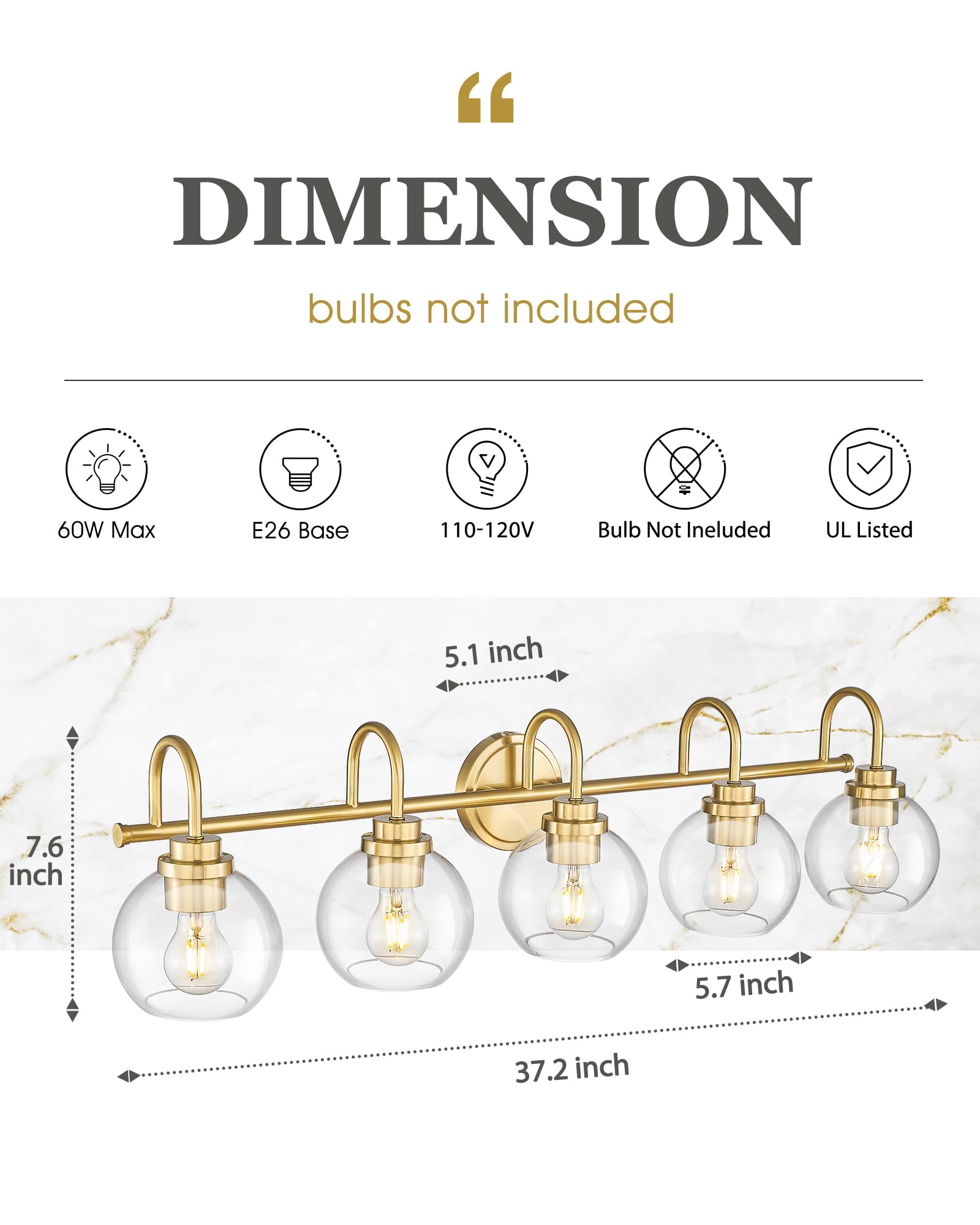 Audickic 5-Light Bathroom Vanity Light Fixtures, Brushed Gold with Clear Glass, 35 Inch, Model AD-22280-5W-GD