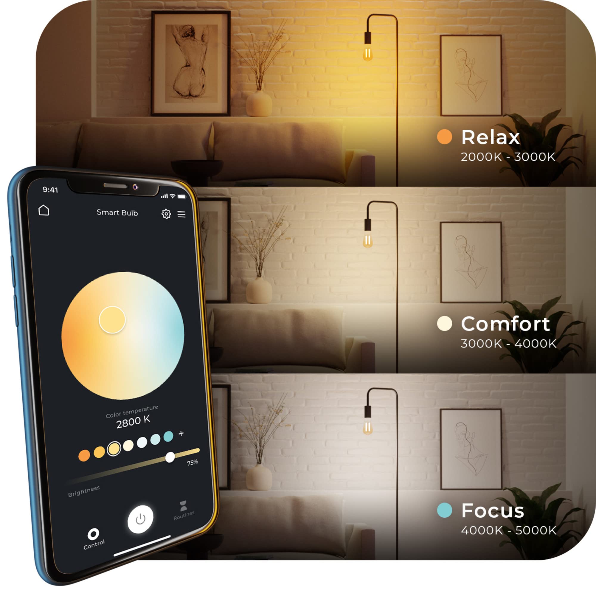 Globe Electric 34919 Wi-Fi Smart 5.5W (60W Equivalent) Straight Filament Tunable White Amber Glass Led Light Bulb, No Hub Required, Voice Activated, 2000K - 5000K, Vintage Edison Style, 500 Lumns