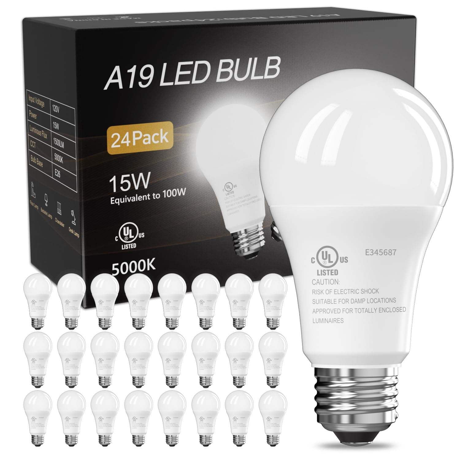 Tjoy 24 Pack Led Light Bulbs, 100 Watt Equivalent A19, 5000K Daylight Led Bulb, 15W Bright White Energy Saving Lightbulbs With E